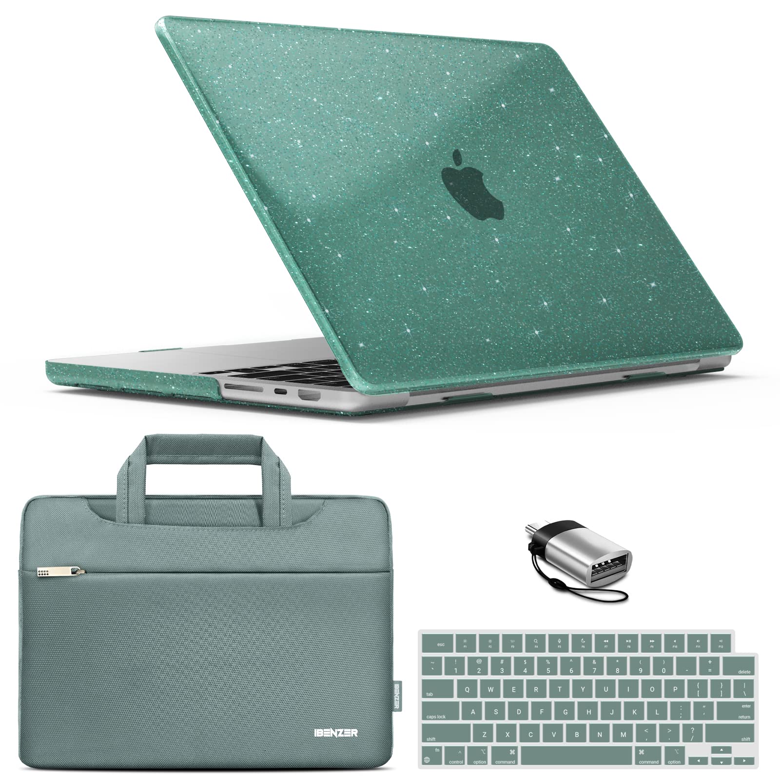 IBENZER Case for MacBook Pro 14 Inch Case 2024 2023 M3 A2918 A2992 M2 A2779 M1 A2442 Pro/Max,Hard Shell Case & Sleeve Bag & Keyboard Cover & Type-C for Mac Pro 14(2024-2021), Star Green, T14-S-MTGN+3