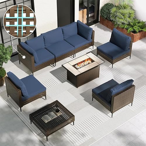 Miniatura 11 de Grand patio Juego de muebles de mimbre para patio, estilo retro, sofá modular con cojines gruesos y resistentes al agua de color azul para