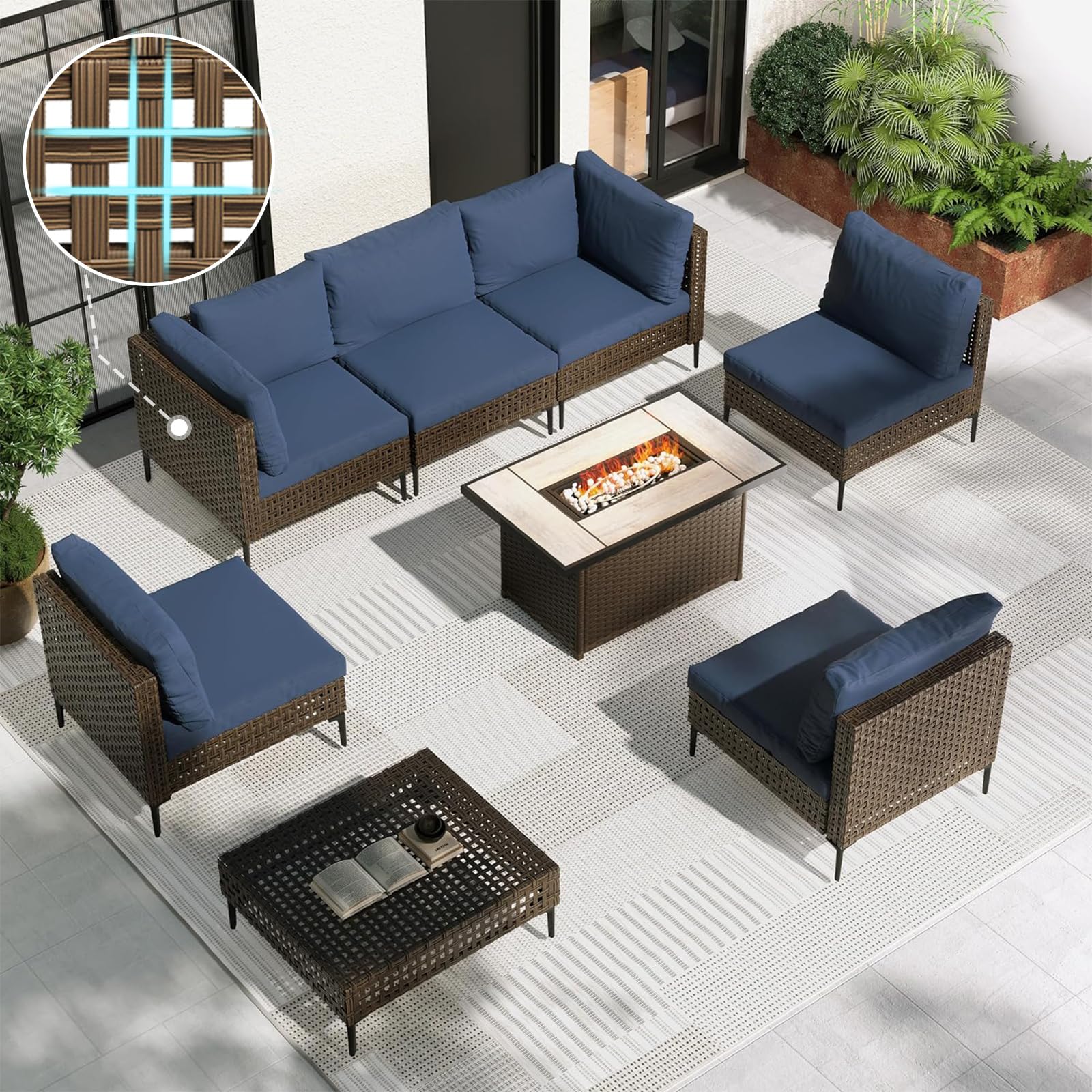 Grand patio 8-Piece Patio Furniture Set with 47" Fire Pit Table, Outdoor Conversation Set & 50,000 BTU 47 Inch Rectangle Propane Fire Pit with Water Resistant Blue Thick Cushions, Brown
