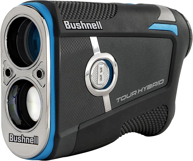 Bushnell Golf Tour Telémetro láser híbrido, azul | GPS, compensación de pendiente, Pinseeker con Visual JOLT, soporte magnético para carrito, distancias delantera/central/trasera, alcance total de 1300 yardas