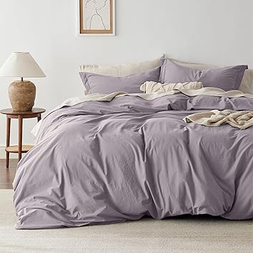 Bedsure 100% Washed Cotton Duvet Cover Queen Size - Lavender Minimalist Cotton Duvet Cover Linen Like for All Seasons - GentleSoft™ Plain Simple Bedding (Lavender, Queen, 90"x90")