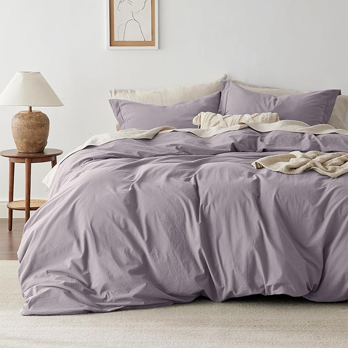 Bedsure 100% Washed Cotton Duvet Cover Queen Size - Lavender Minimalist Cotton Duvet Cover Linen Like for All Seasons - GentleSoft™ Plain Simple Bedding (Lavender, Queen, 90"x90")