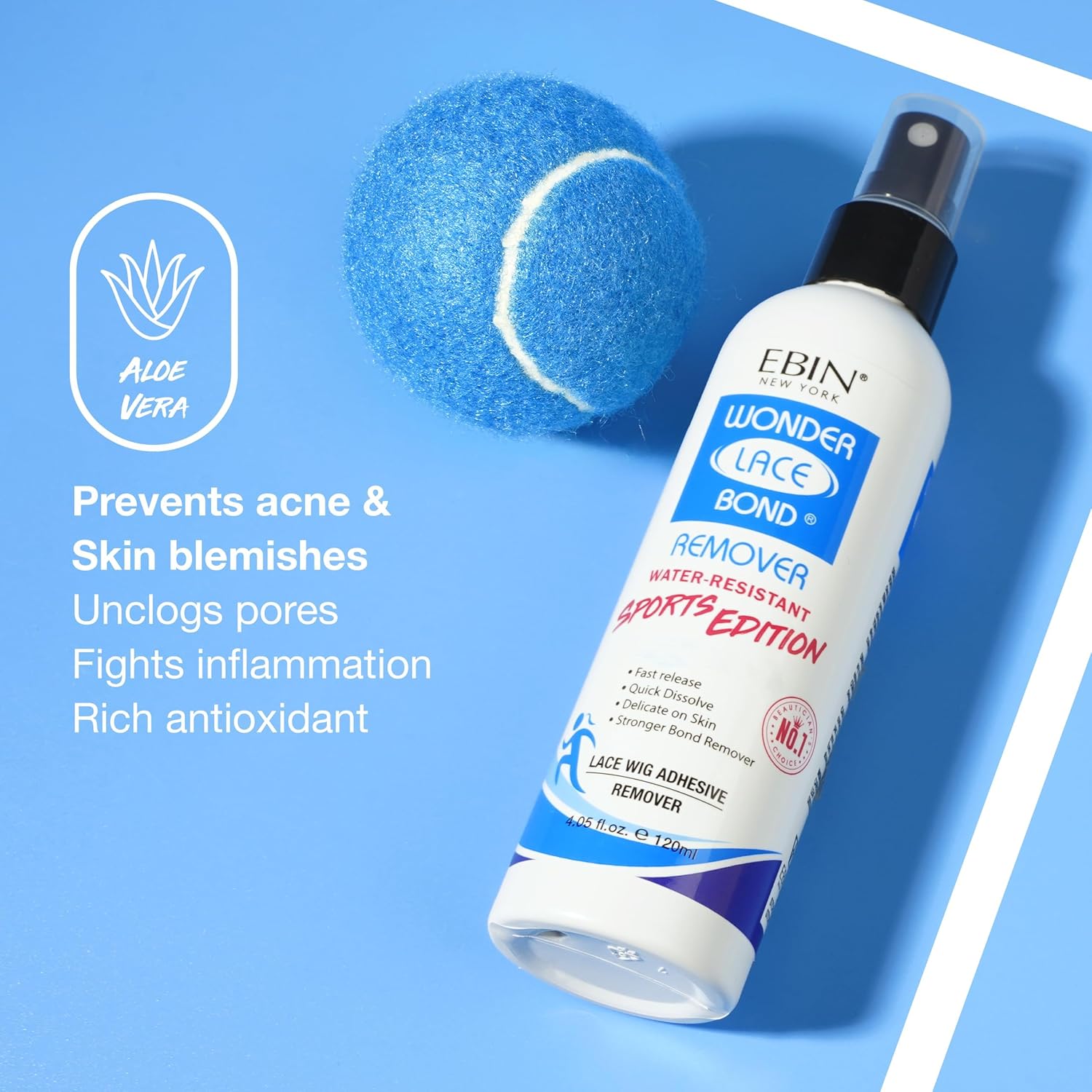 EBIN NEW YORK Wig Adhesive Remover Spray - Sports 4.05oz/ 120ml | Wig Glue Remover Fast Removes Double Sided Hair Extensions Tape Adhesive| Gentle on Skin | Mist Pump & Nozzle Cap, Fast & Safe Remover