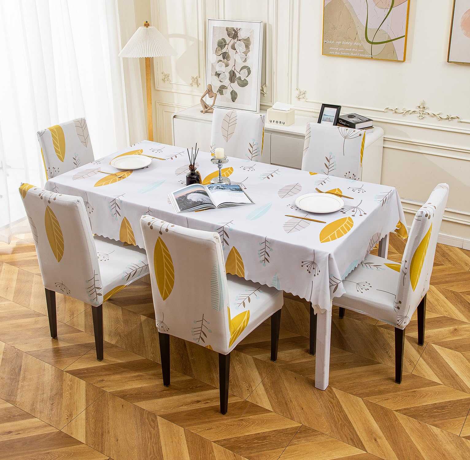 House of Quirk Polyvinyl Chloride(PVC)Rectangular Dining Table Cover Waterproof with 8 Chair Covers for Kitchen Dining Table Cloth Dust and Oil Repellent(Yellow Autumn,1 Table Cover + 8 Chair Cover)