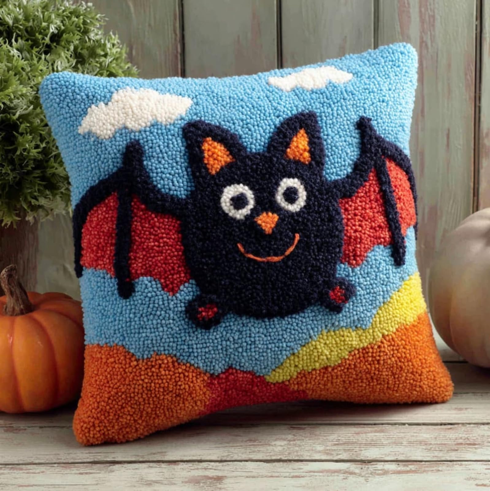 AxiangziK Latch Hook Cushion Kit 43x43cm,Animal bat Complete Needlecraft Set with Pre-Cut Yarn & Tools,Creative Home Decor Gift for All Ages