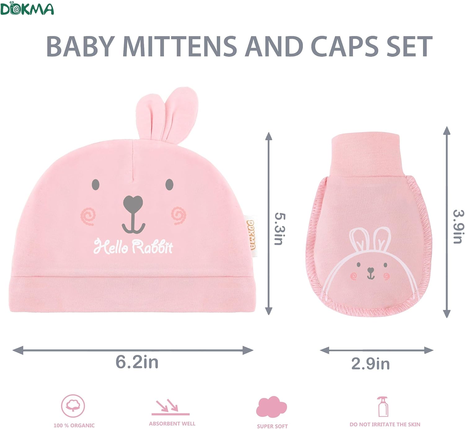 DOKMA Organic Cotton Baby Mittens and Caps Set with Adorable Bunny Design for Newborn 0-6 Months, No Scratch, Ultra Soft, Lovely Pink - Image 2