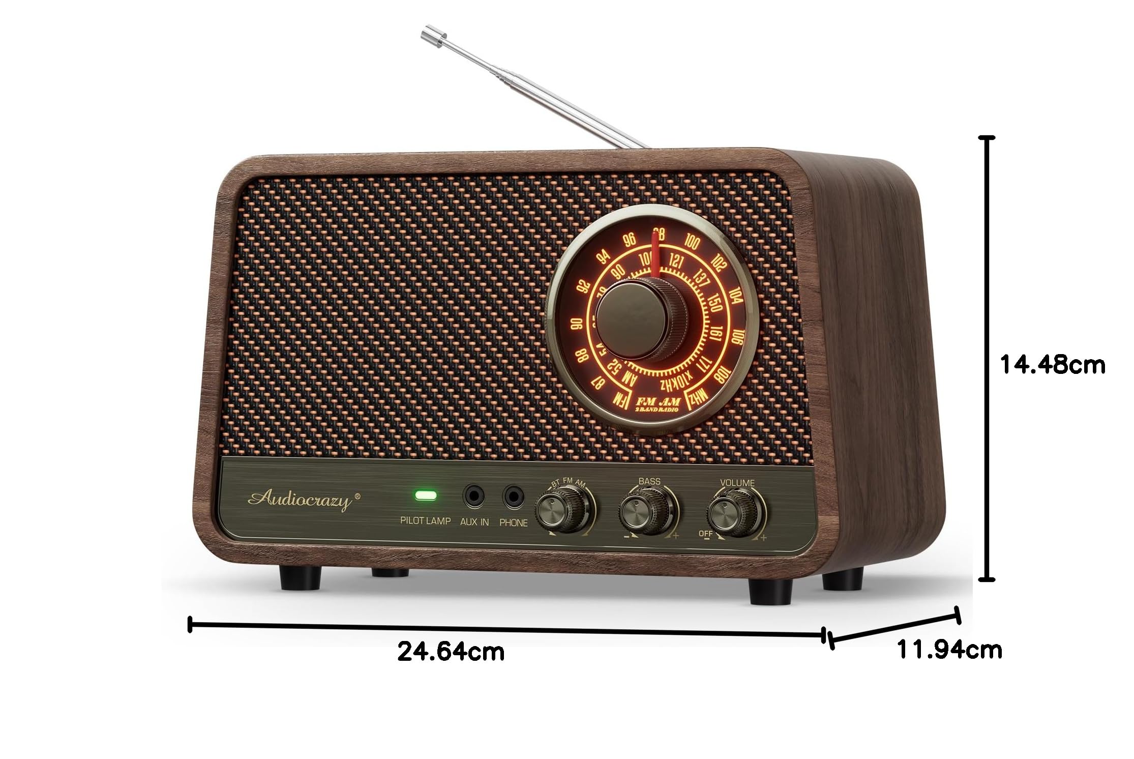 Radio Bluetooth AM FM vintage en bois avec son puissant de 10 W, haut-parleur Bluetooth rétro avec cadran ambré, contrôle des basses, entrée auxiliaire, prise casque, pour