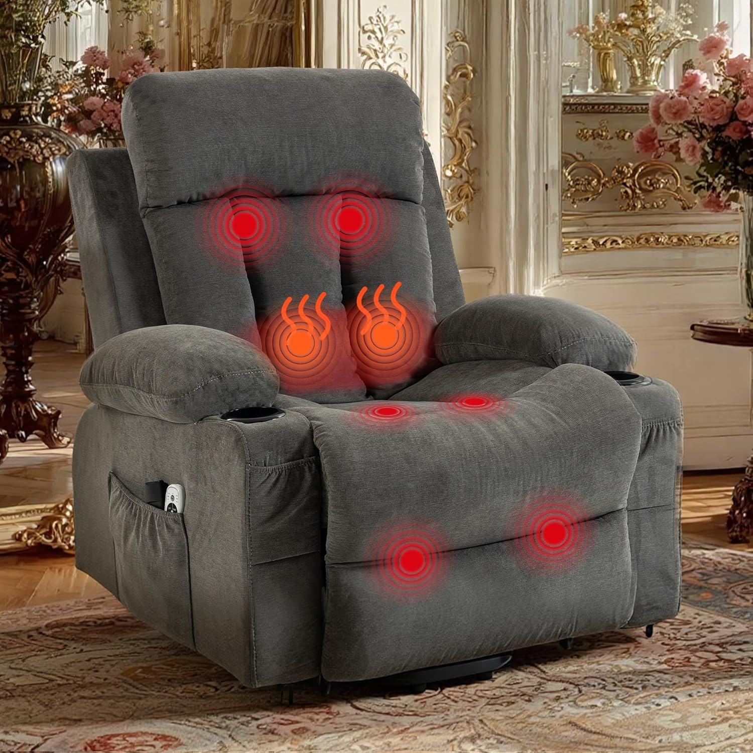 Grey Recliner Chair Sofa for Living Room, Bedroom, Massage and Lumbar Heat for Adult w/Cup Holder, USB Charge Port Power Lift Recliner Massage Chair for Elderly People w/Vibration