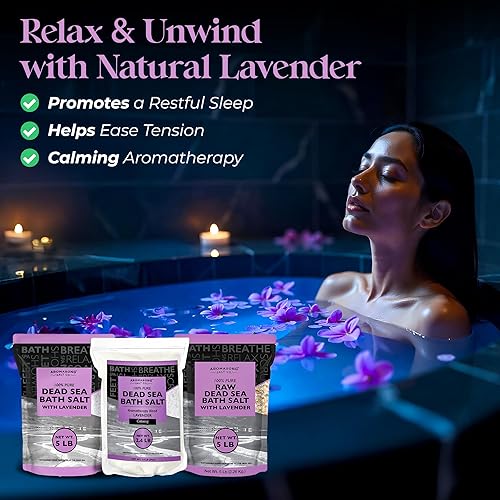 Miniatura 7 de Sal pura del mar muerto para remojar con aceite esencial de lavanda 100% natural, sal de baño de spa de 2.43 libras en paquete resellable, para