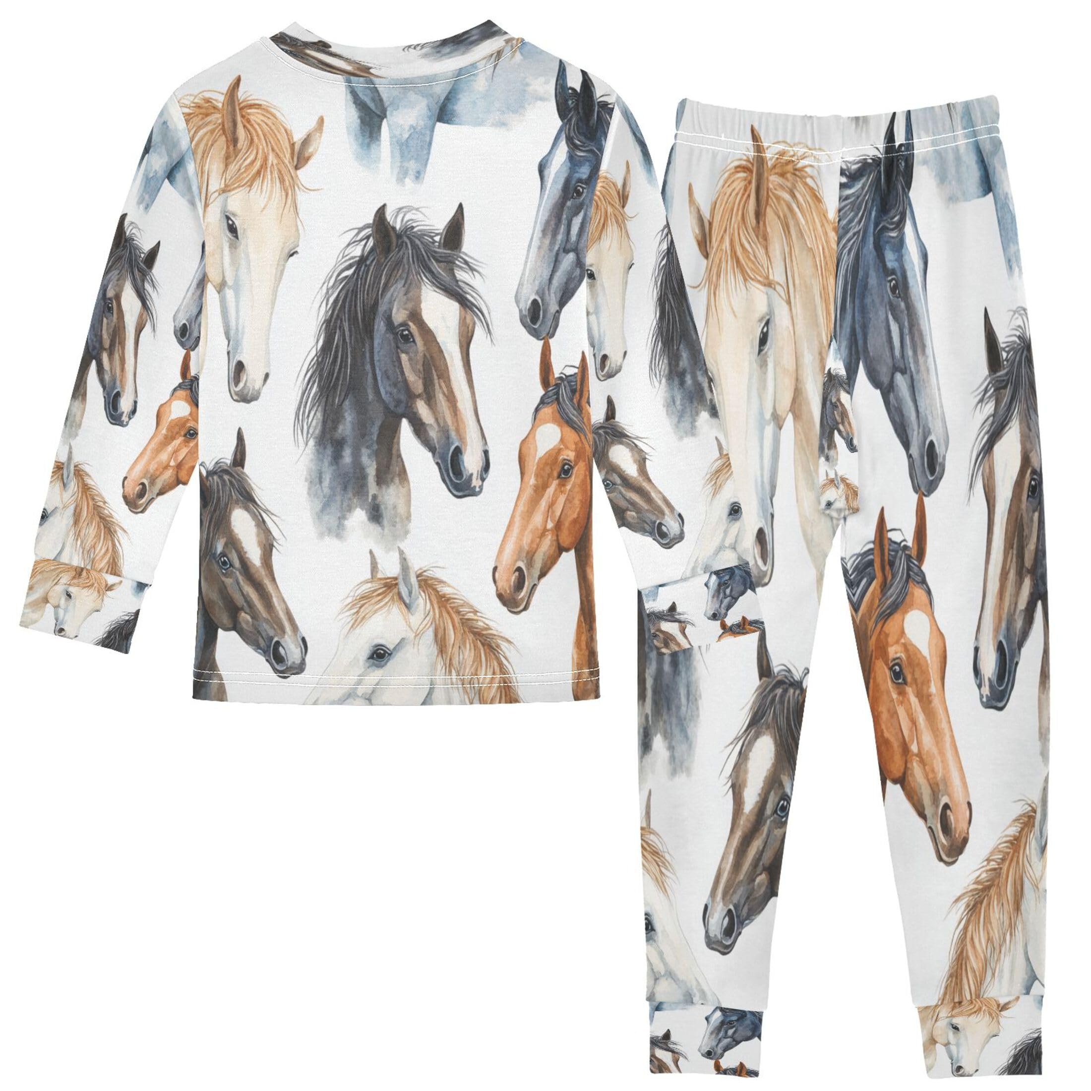 Vozoza Horses Wild Animal Pajama Sets Long Sleeve Top with Pants Cotton Soft Sleepwear 2 Piece Pjs Set Size 4T Multicolor