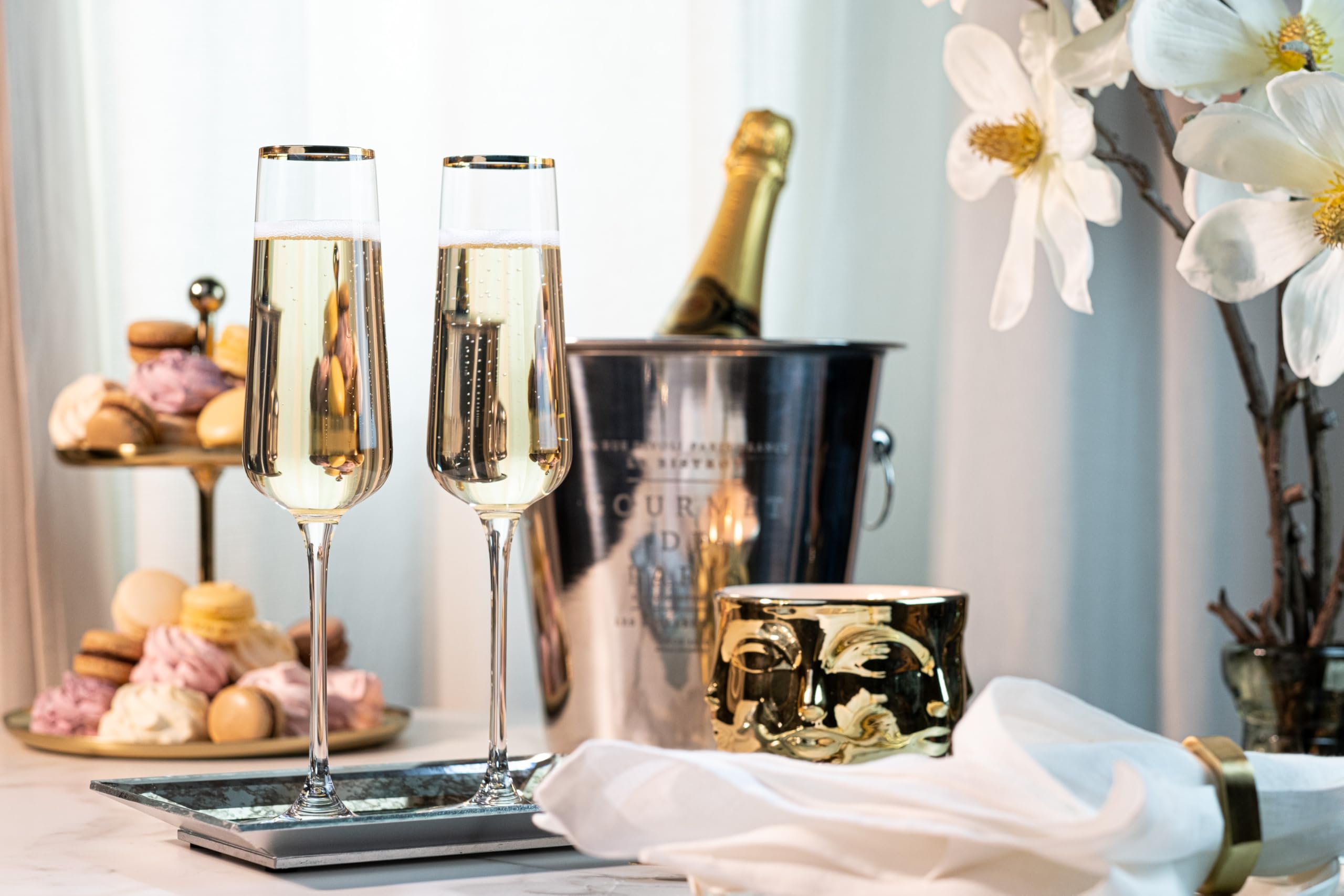 Copas de Champán con Borde Dorado para Regalo | Juego de 2 | Copas de Brindis de Cristal para Novios, Bodas, Aniversarios y Cumpleaños | Elegante Cristalería para Cava, Prosecco, Vino Espumoso