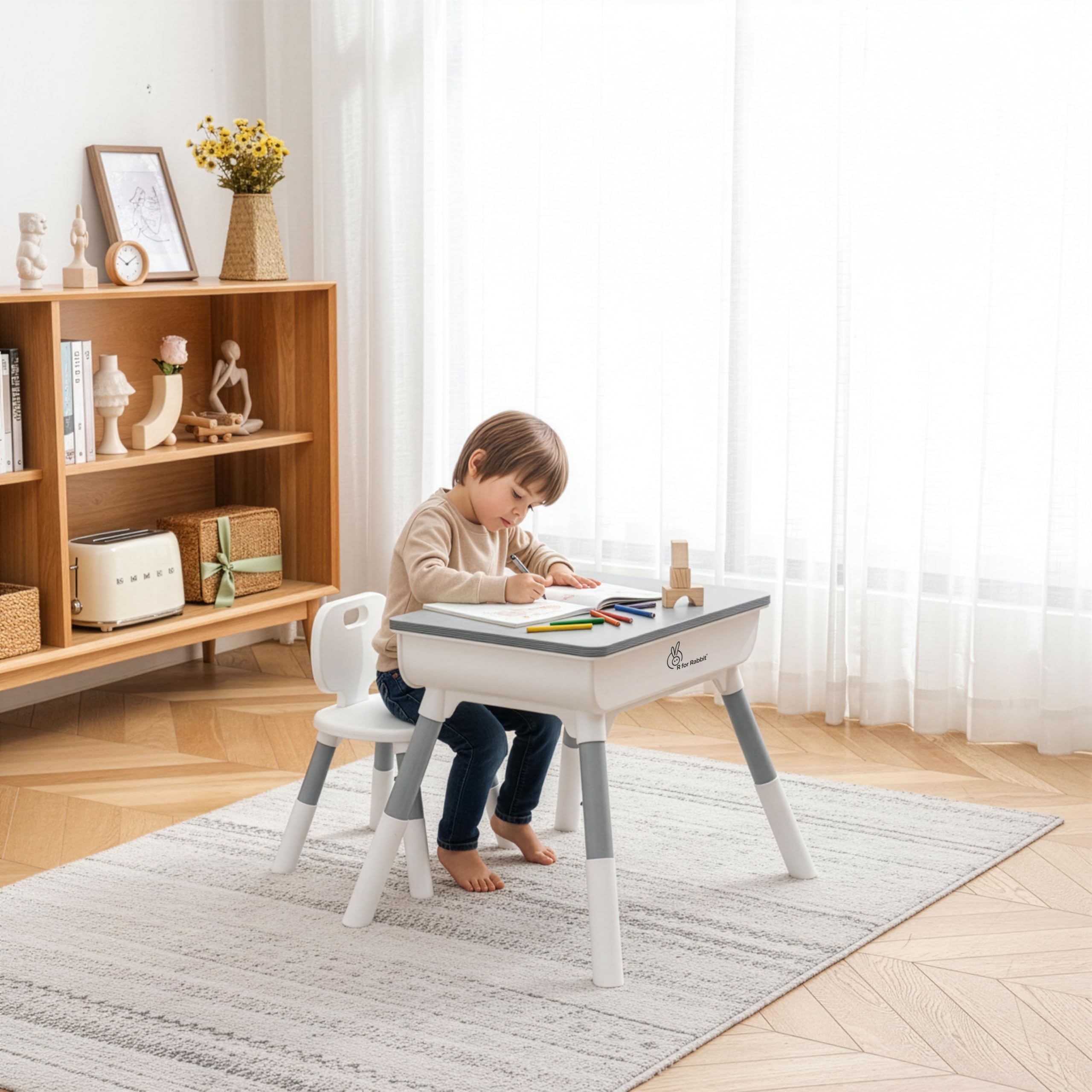 R for Rabbit Little Genius Woodland Baby Study Table & Chair Set for 3-7 Years Kids with Storage Box, Height Adjustment Plug & Play Installation Desk Set Upto 50kgs Weight Capacity (Grey)-image-41