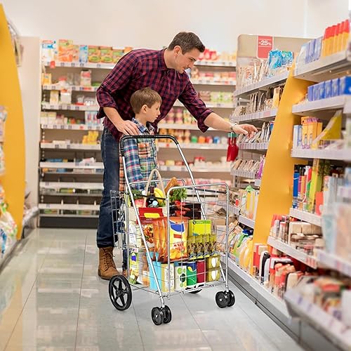 Miniatura 3 de HOMGX - Carrito de compras plegable plano, carrito utilitario resistente de 130 libras con ruedas delanteras giratorias de 360, carrito de