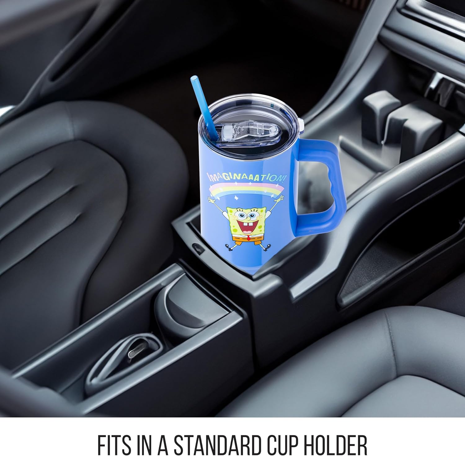 Silver Buffalo SpongeBob SquarePants “Imaginaaation!” Double Walled Stainless Steel Tumbler with Handle, Fits in Standard Cup Holder, 40 Ounces - Image 6