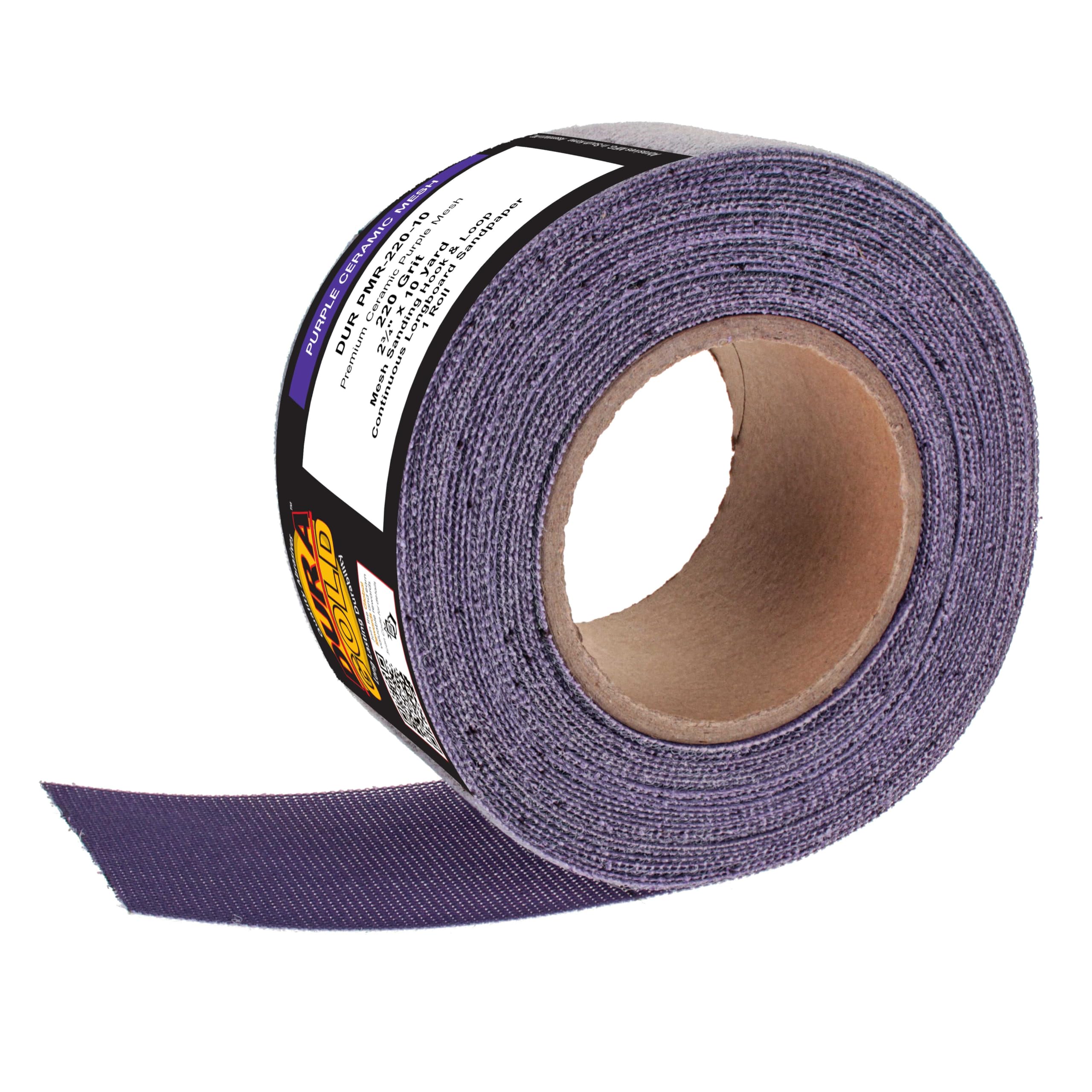 Dura-Gold Papel de lija de malla de cerámica púrpura de grano 220, rollo continuo de 2-3/4 pulgadas de ancho de 10 yardas, parte trasera de velcro sin polvo para lijadoras de tablero largo de lima de