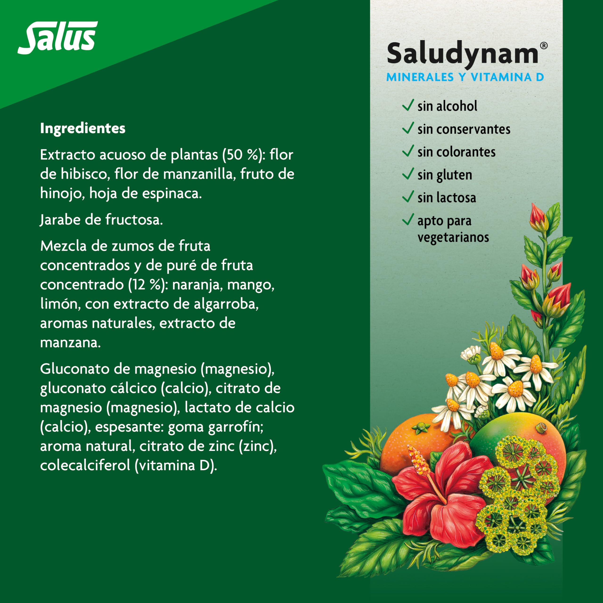 Salus - Saludynam Complemento Alimenticio - 250 ml - Contribuye al Mantenimiento de Huesos y Dientes - Contiene Calcio, Magnesio, Zinc, Vitamina D, Extractos Herbales y Zumos de Frutas (Paquete de 4)