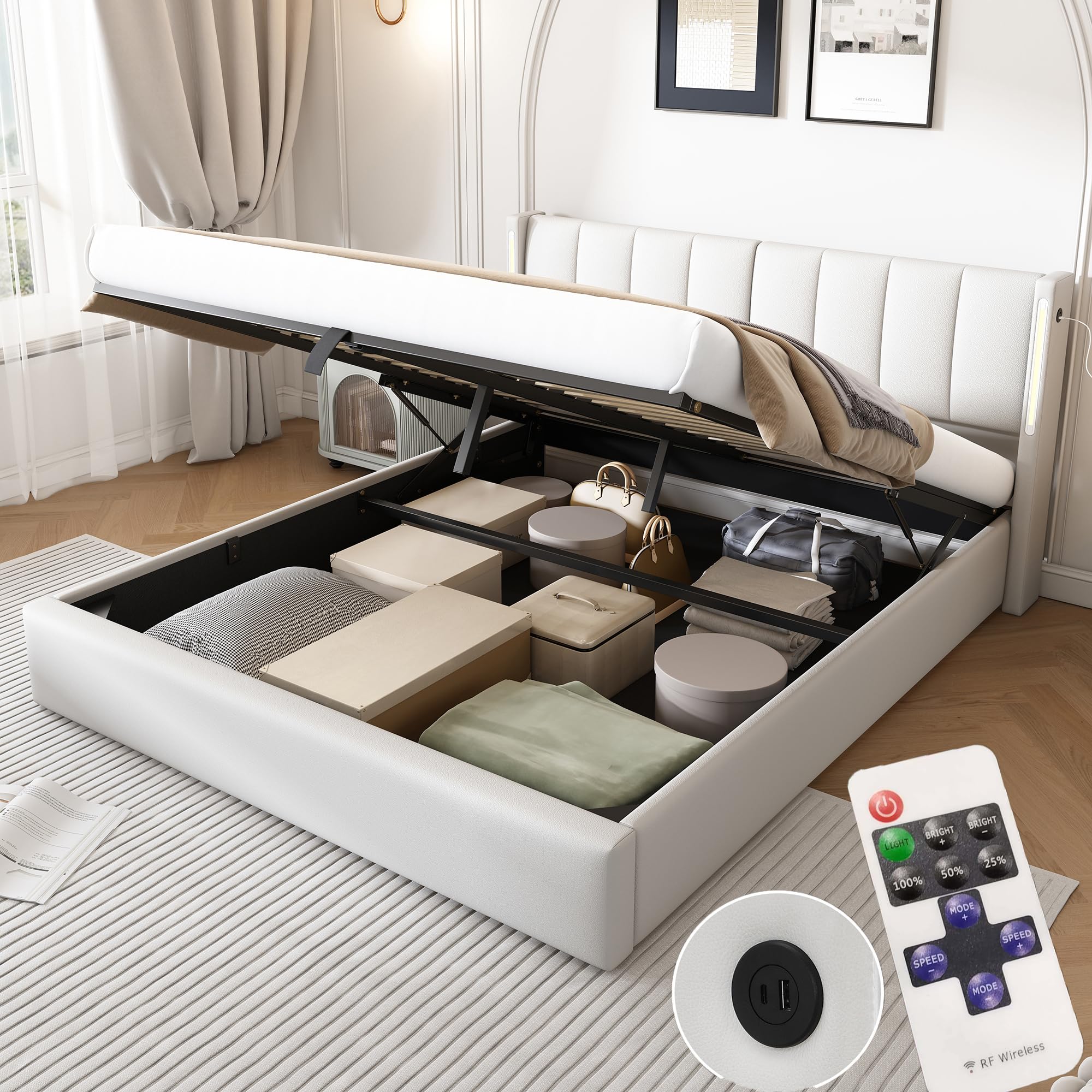 Bed 140x190 met led en USB, gestoffeerd bed 140x190cm met verstelbaar hoofdeinde en opbergruimte, tweepersoonsbed met lattenbodem, opbergbed, hydraulisch jeugdbed, binauraal bedframe van PU, wit