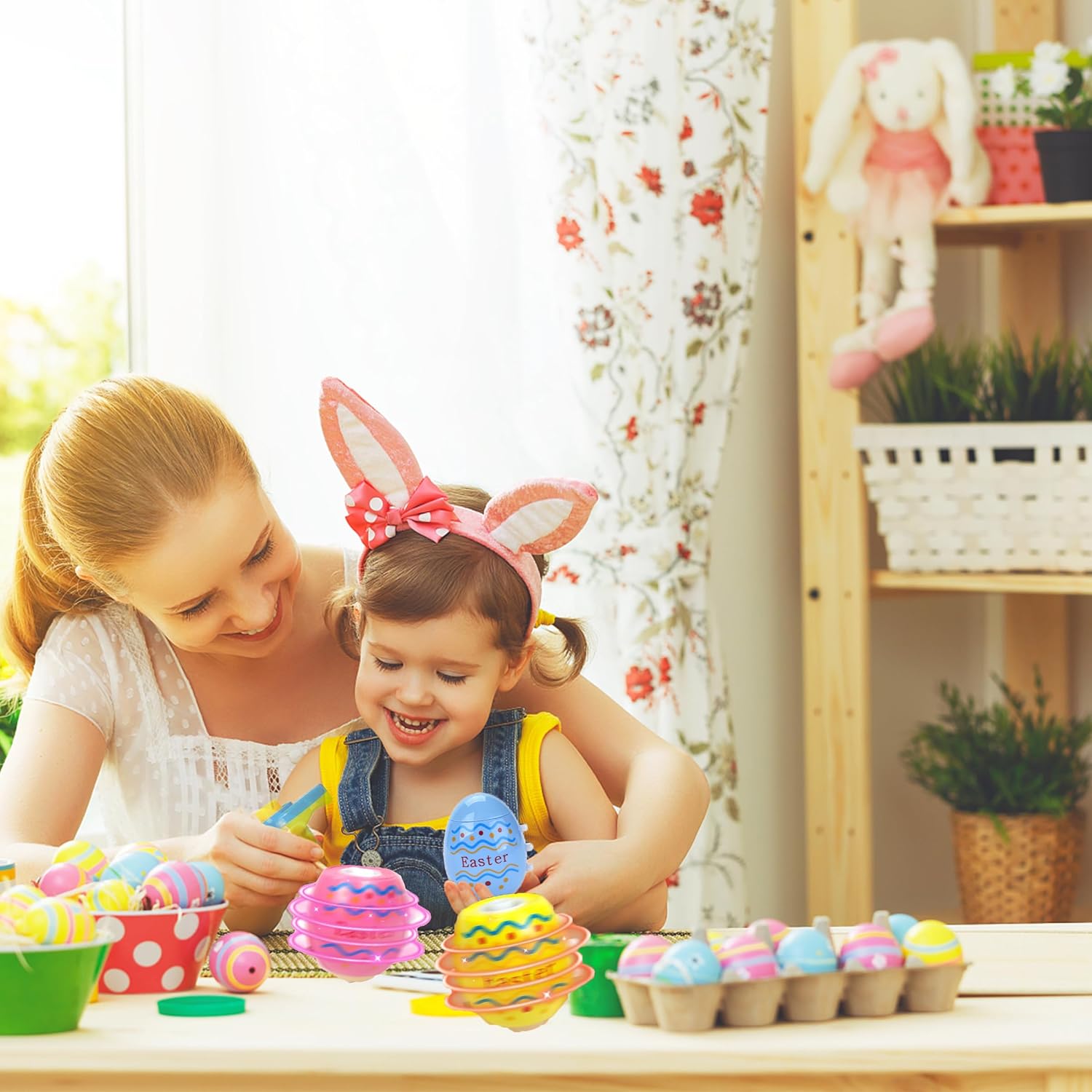 Easter Eggs Basket Stuffers Toys Gifts for Toddler Boys Girls,4 Pack Light up Spinning Tops with Music, Spring Easter Egg Hunt Party Favor Supplies Goodie Bag Filler Kids