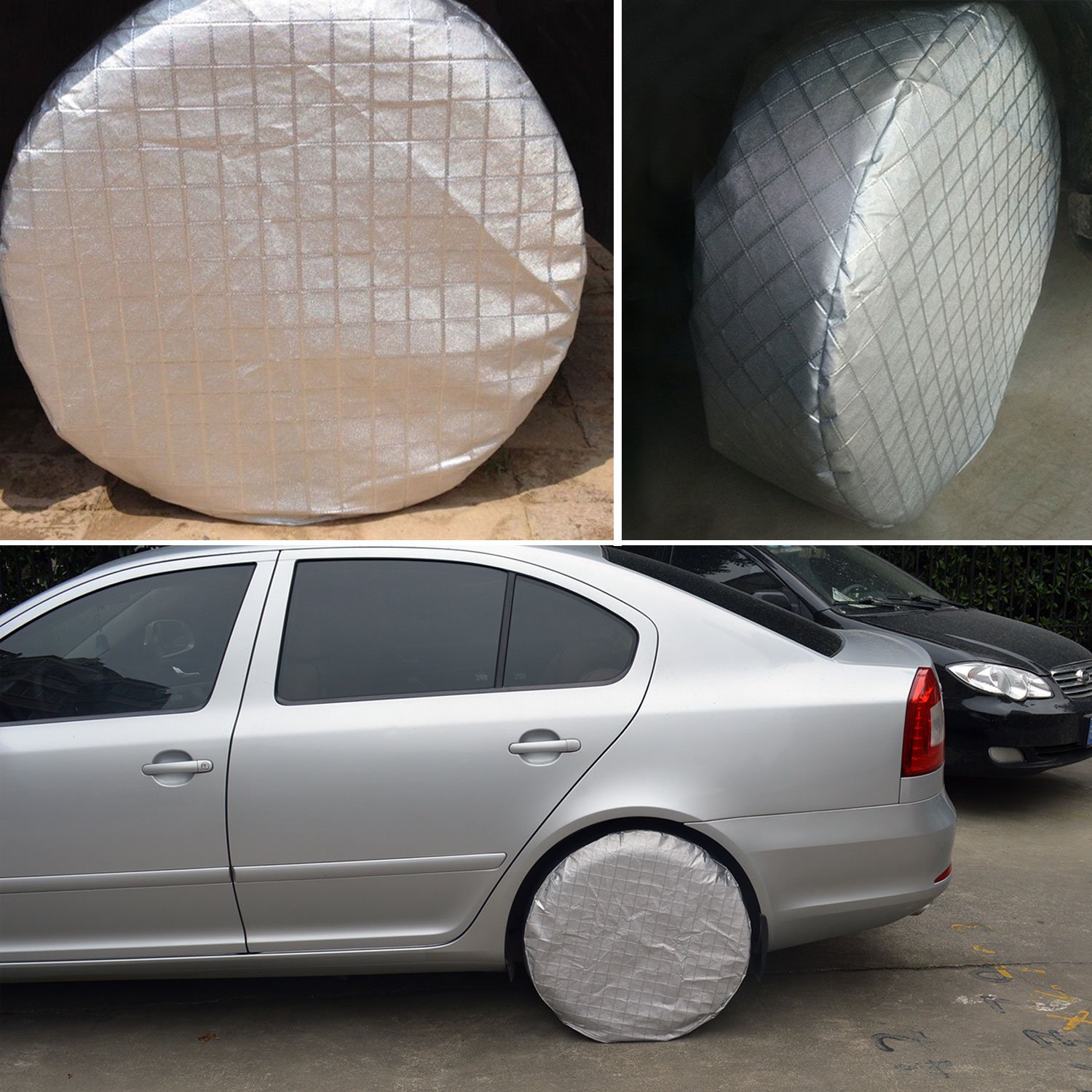 Fundas para neumáticos, perfectas para caravanas, protección solar universal, protege del polvo, 4 unidades, película de aluminio impermeable, con correa y hebilla ajustable