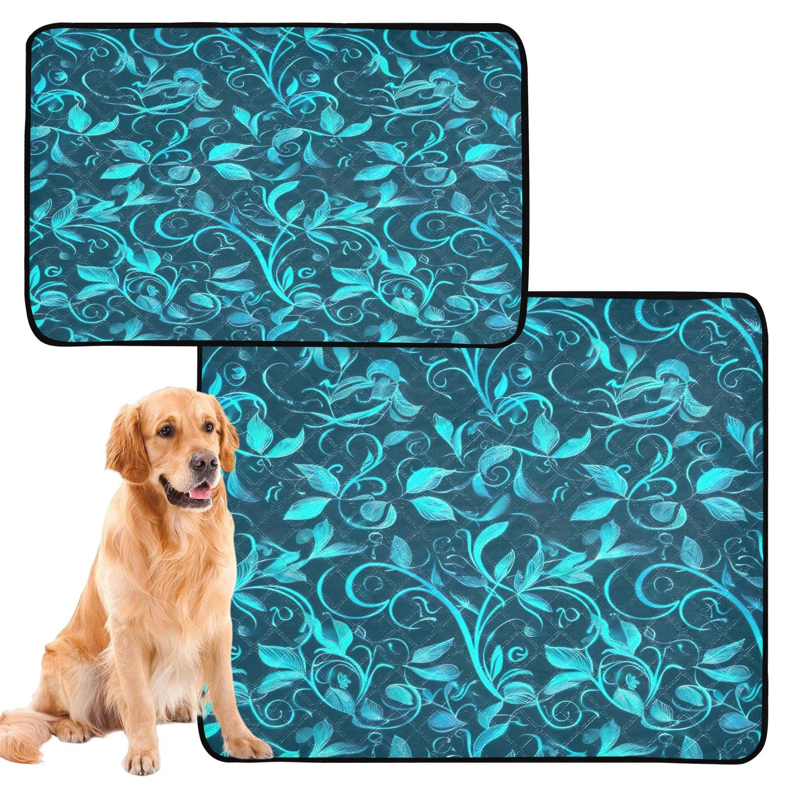 Ewusp A Teal Blue Leaves Reusable Dog Training Pads 2Pcs Bsorbent & Quick Drying Pee Pads For Dogs Washable Puppy Pads Non Slip Pet Mats Potty Pads 61X91.4cm + 91.4X106.7cm