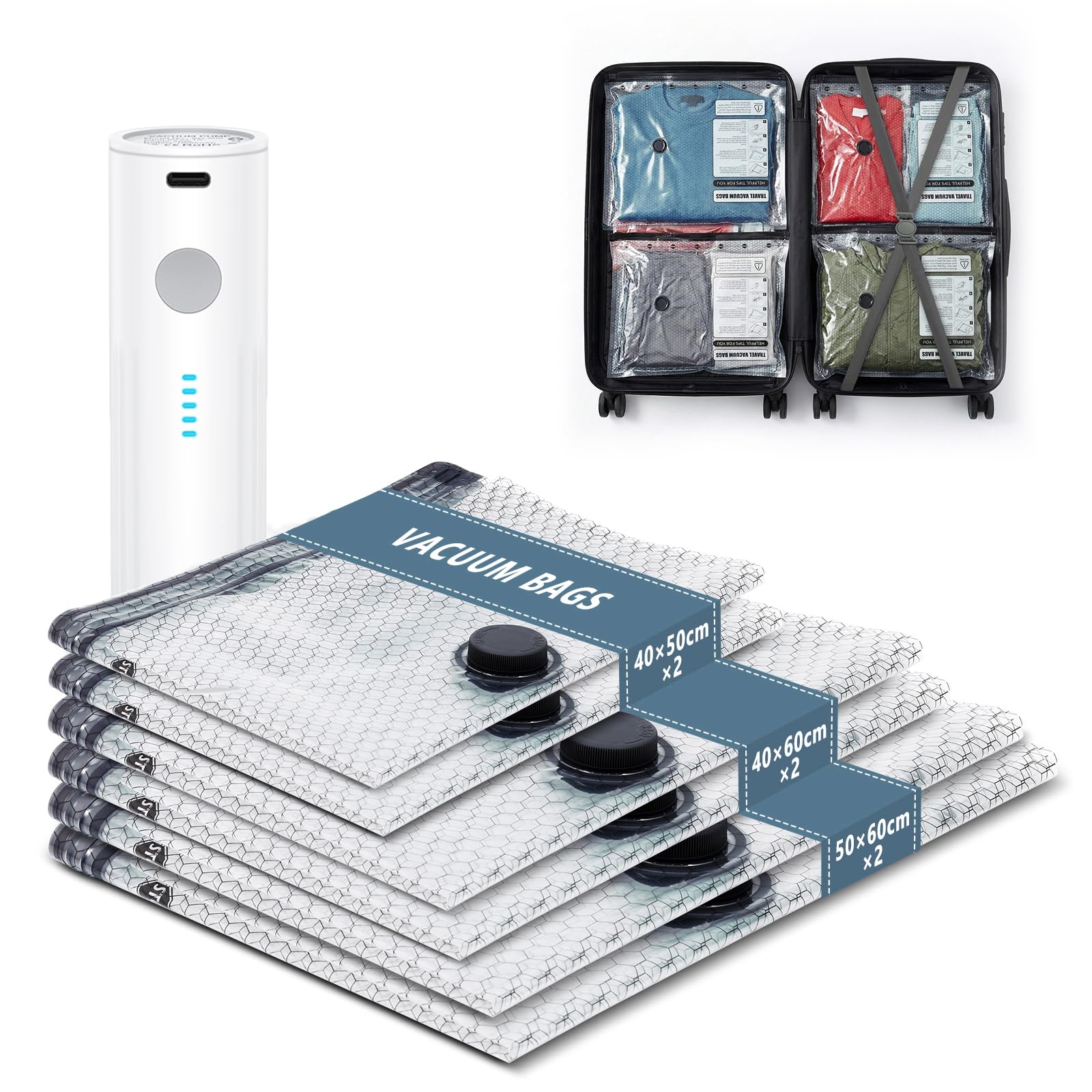 Ankilo Vacuum Storage Bags with Pump, Vacuum Seal Bags for Travel, 6 Pack(2 Large + 2 Medium + 2 Small) Carry on Packing Bags for Luggage, Backpack and Suitcase, for Clothes Storage
