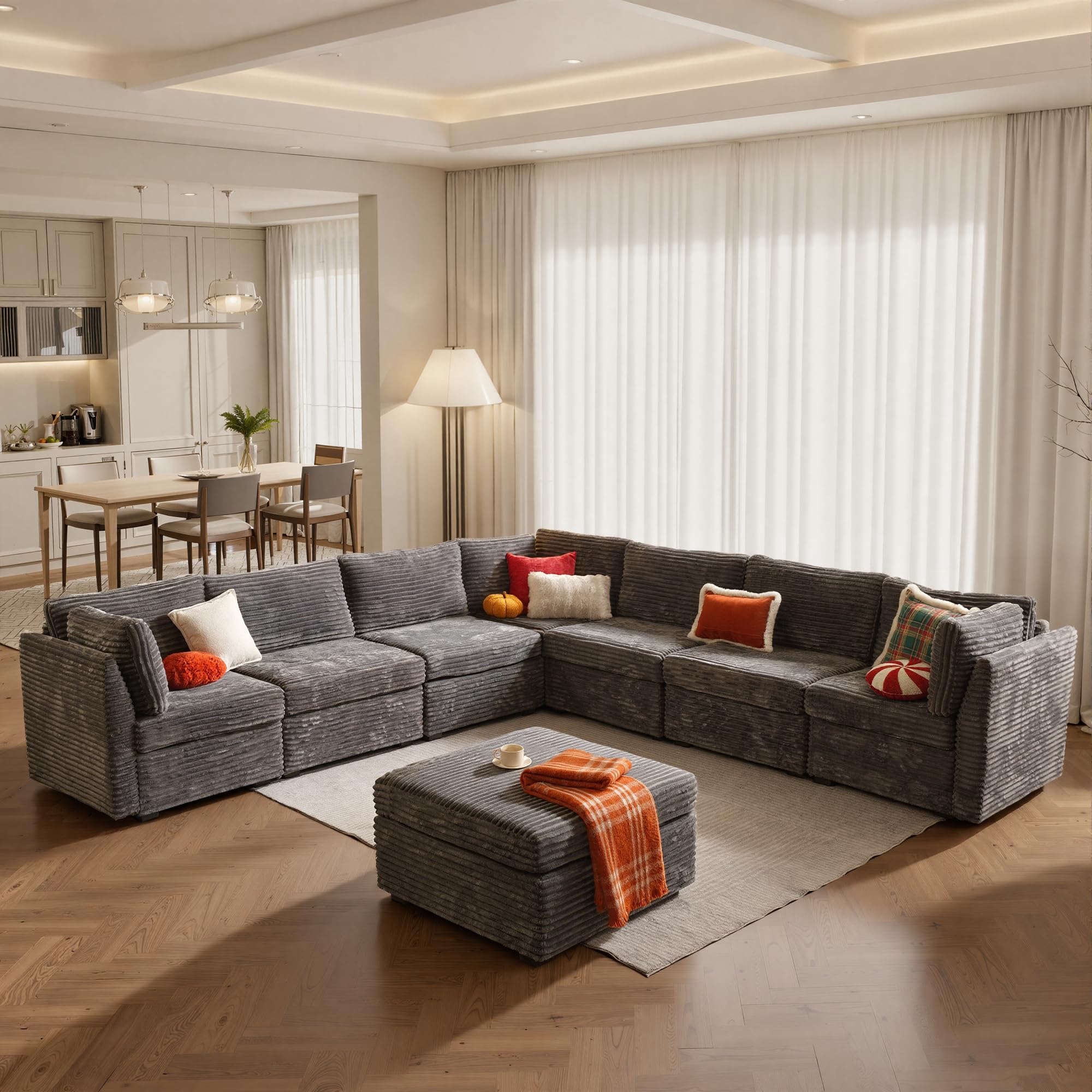 ovios Modular Sectional Sofa Couch with V-Shape Chaise Ottoman, Comfy Plush Corduroy Cloud Couches, Modern Luxury Deep Seat Sofas Set for Living Room, 8-Seater, Grey