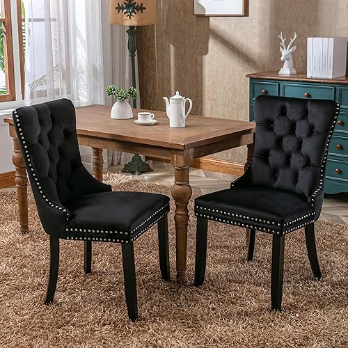 Miniatura 2 de Juego de 2 sillas de comedor, modernas sillas de comedor tapizadas de terciopelo con patas de madera y ribete de cabeza de clavo, respaldo