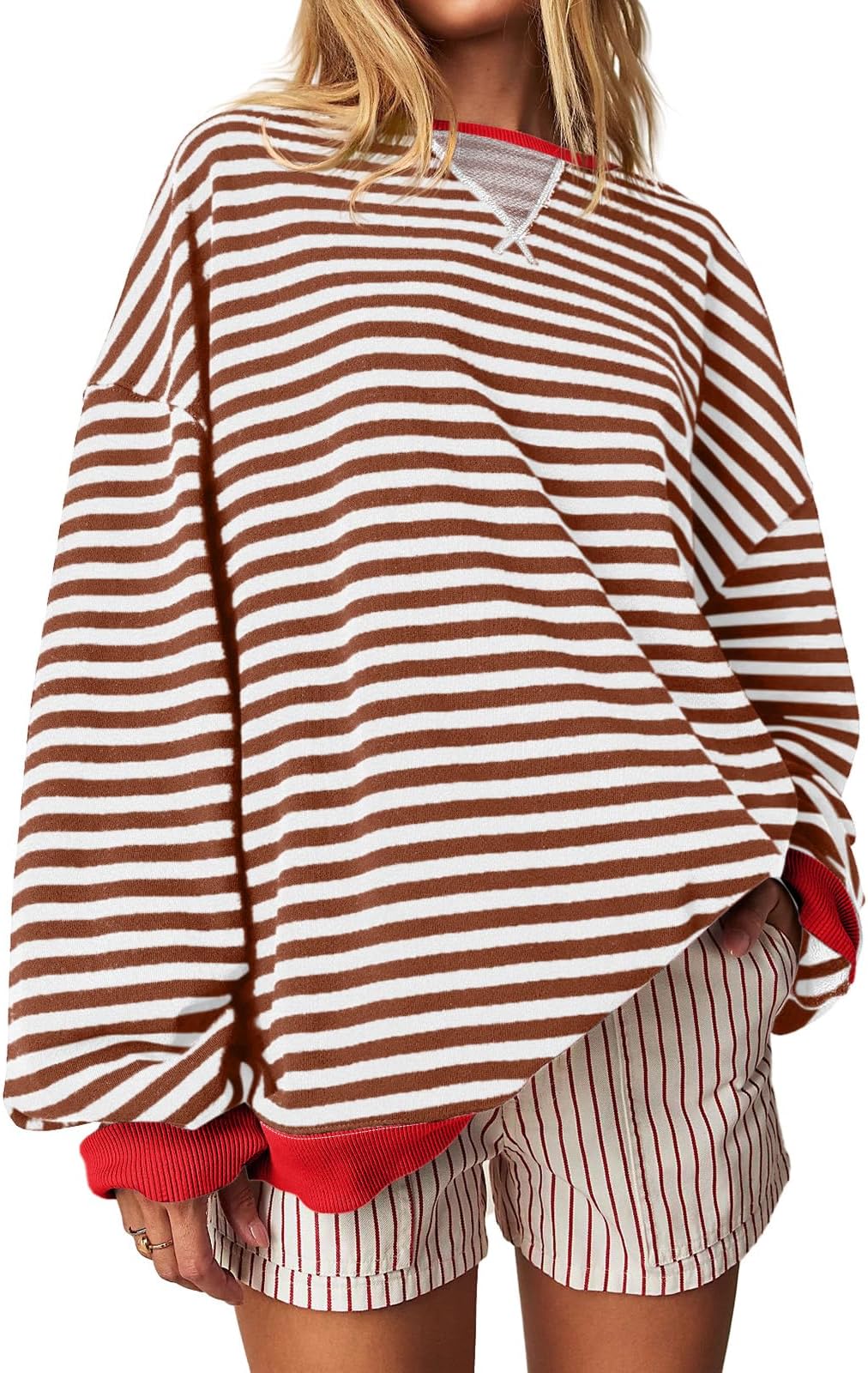 FisoewWomens Striped Oversized Sweatshirt Color Block Crew Neck Long Sleeve Shirt Casual Loose Pullover Top Y2K Clothes