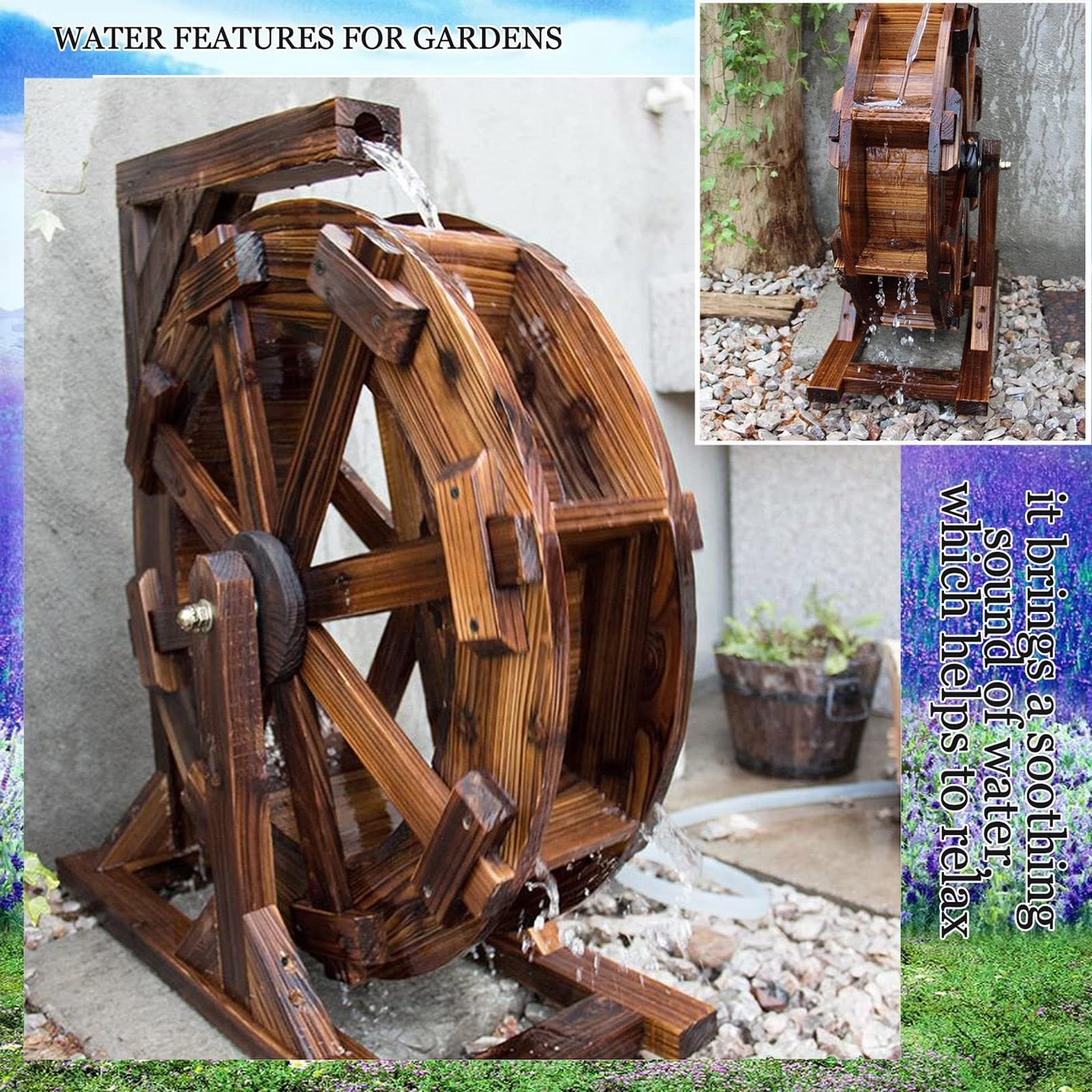 Fuente De Madera Con Rueda Hidráulica For Decoración De Jardín Con Soporte De Salida De Agua, Fuentes Y Cascadas Al Aire Libre, Fuente De Madera Con Rueda Hidráulica For Patio, Estanque, Piscina, Fuen