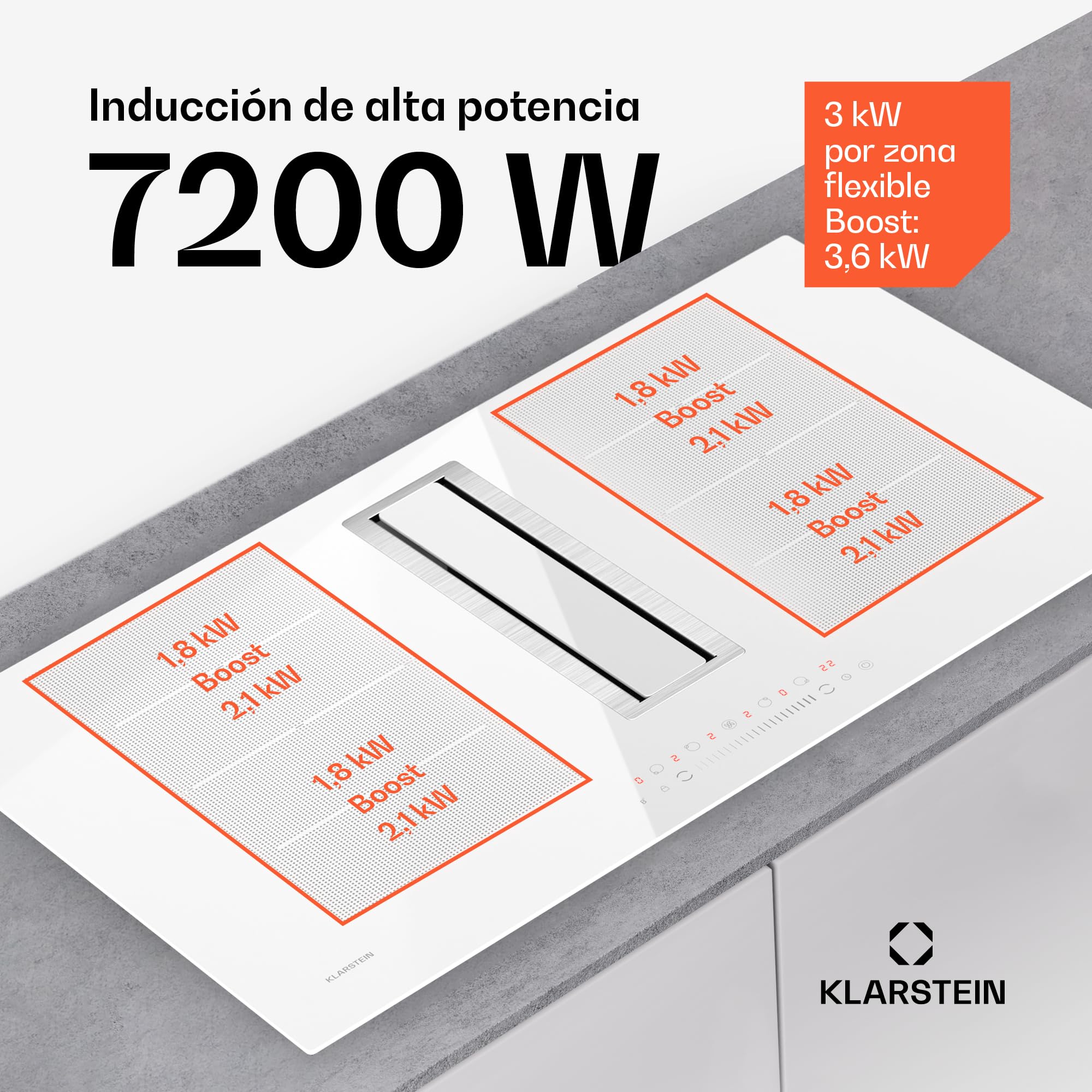 Klarstein Chef-Fusion Placa de Inducción con Extractor Integrado - Flex-Zone de 7200 W, 610 m³/h, Clase A, Control Táctil, Diseño Estético, Acero Inoxidable y Cristal, 90 cm