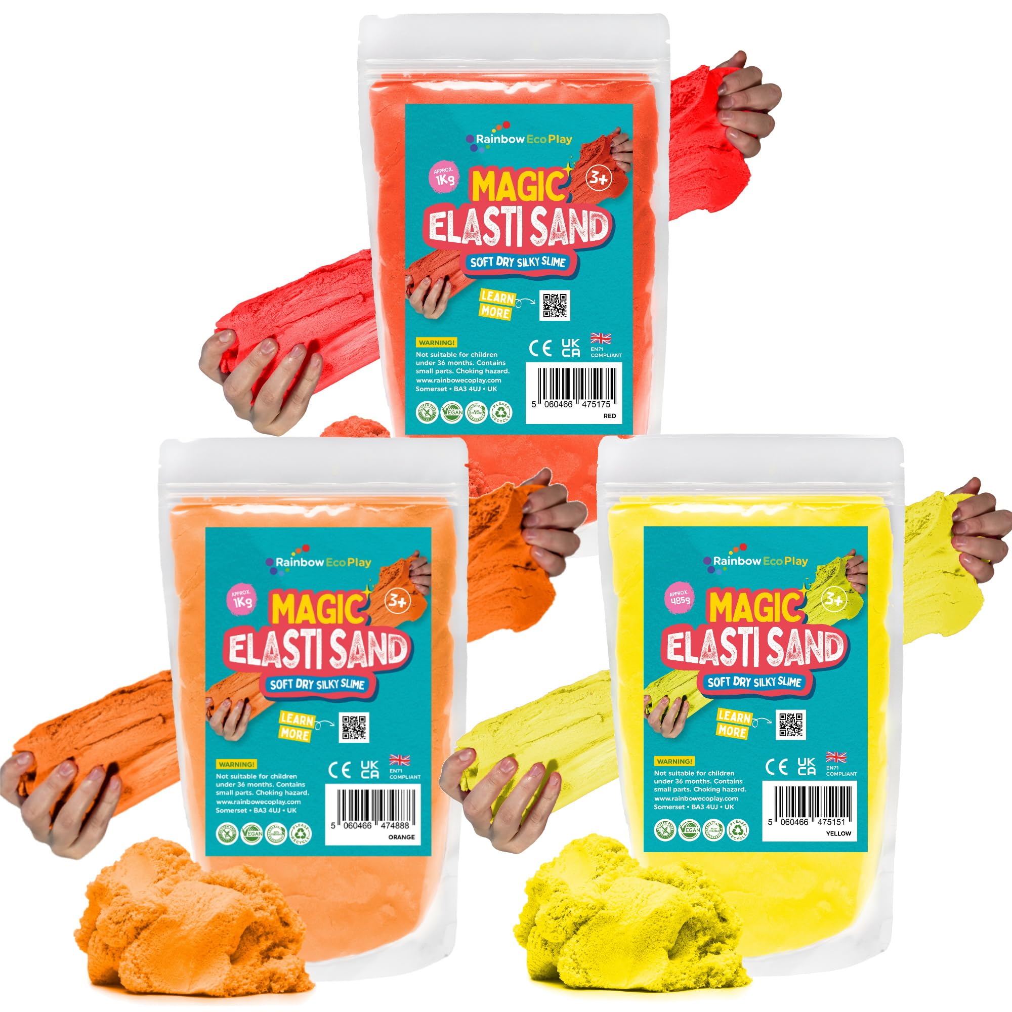 Rainbow Eco Play - Magic Elasti Sand - Assorted Colours – 3 x 1kg - Magic Sand for Kids - Childrens Coloured Sand - Non-Toxic – Clean, Safe & Fun, Ideal for Sensory Play