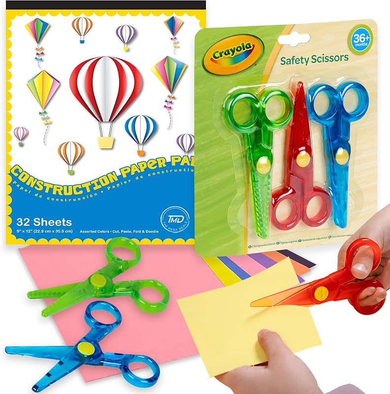 Kids Scissors Blunt Tip for Toddler Safety Construction Paper Gift Bundle | Includes 3 Training Scissor for Kids Right & Left- Handed Learn to Cut with Construction Paper Scissor Skills Activity