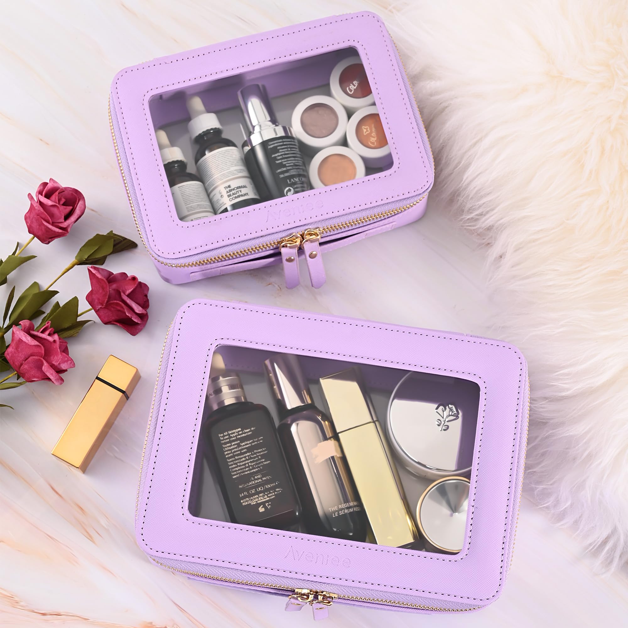Aveniee Beauty case trasparente piccola, mini beauty case da viaggio organizer per cosmetici, approvato dalla TSA, custodia trasparente con cerniera, essenziale per auto per donne e uomini, Lilla