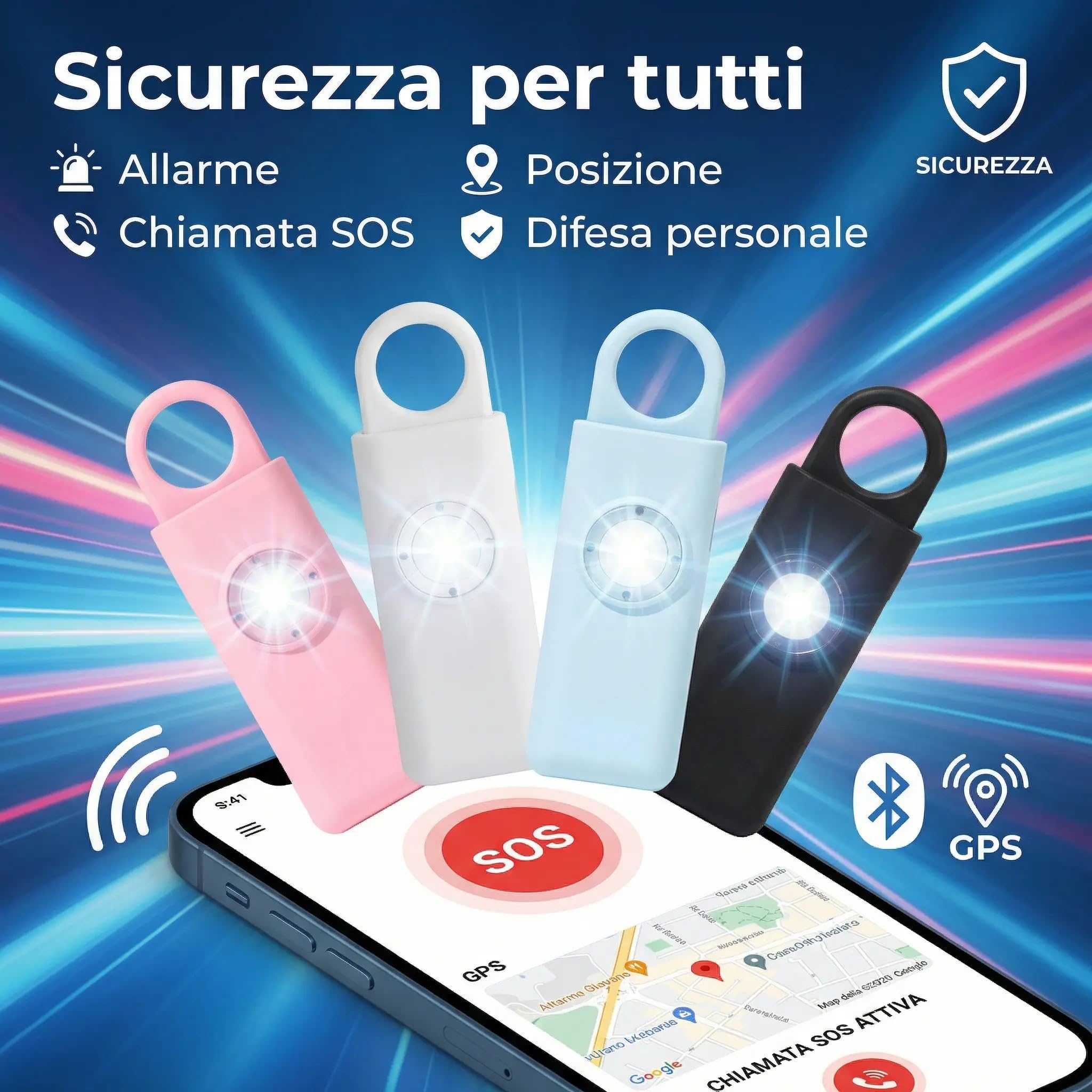 Portachiavi SOS Allarme Antipanico, Dispositivo Antiaggressione Chiamata Automatica, Invio Istantaneo Posizione GPS, Sirena 130dB, Difesa Personale e Autodifesa per Donne, Bambini e Anziani (Rosa)