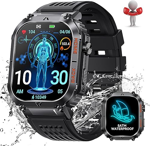 Reloj inteligente militar para hombre, resistente al agua, 5 ATM, con llamada, 2.02 pulgadas, pantalla grande, resistente al aire libre, reloj