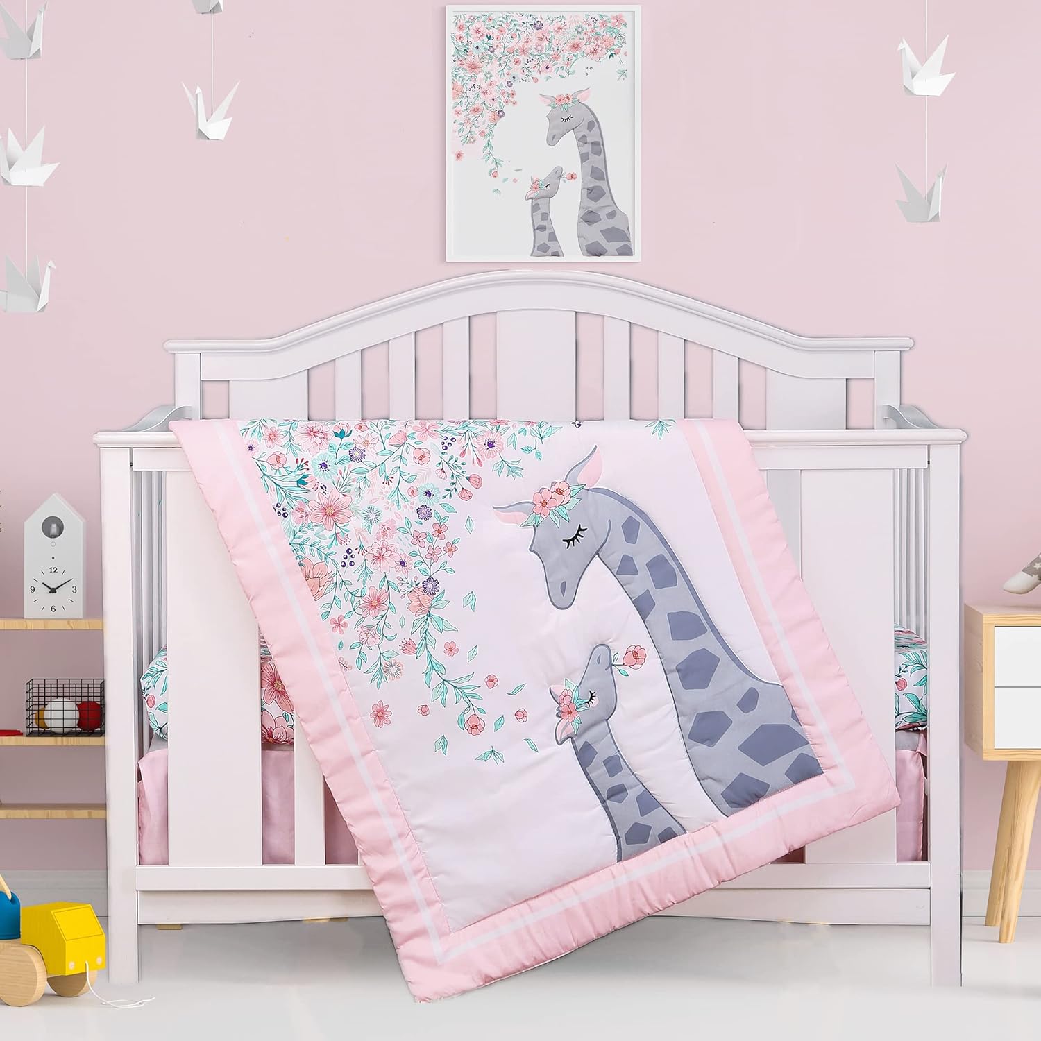 Jupeollon Crib Sets for Girls Giraffe Floral Baby Nursery Crib Bedding Set for Girl Toddler 4Piece Included Crib Comforter Fitted Sheet Crib Skirt Blanket Pink White : Baby