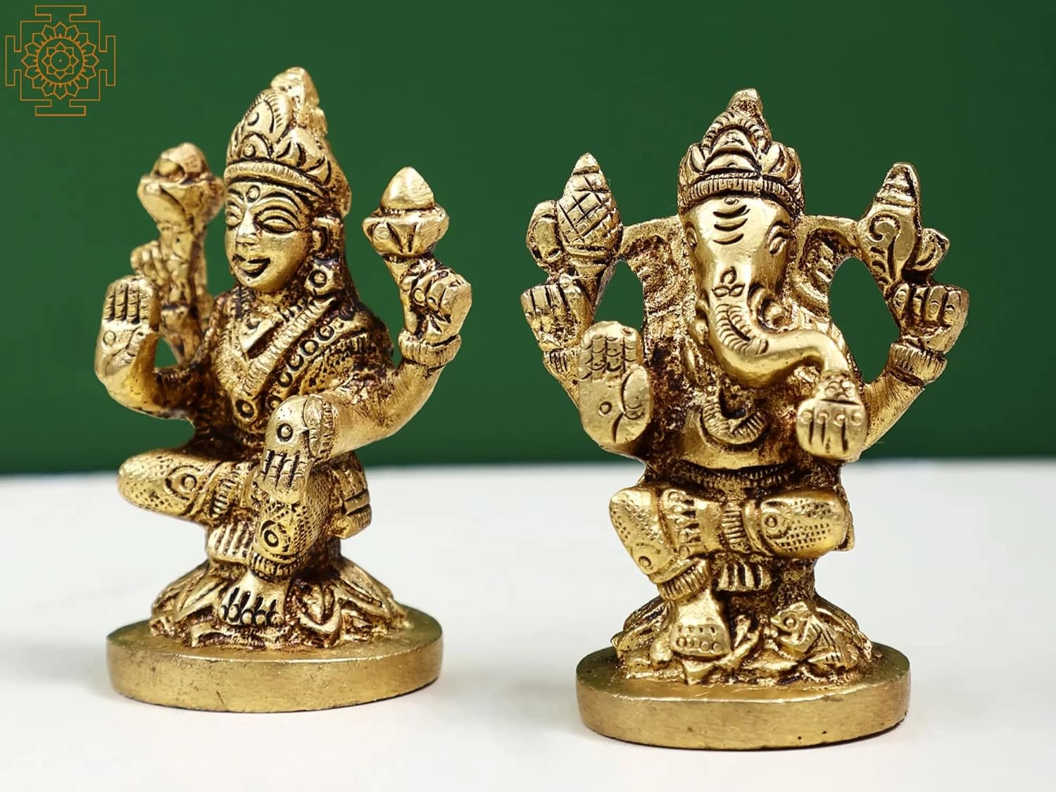 Exotic India 2" Small Brass Pair of Lakshmi and Ganesha | Handmade - Brass