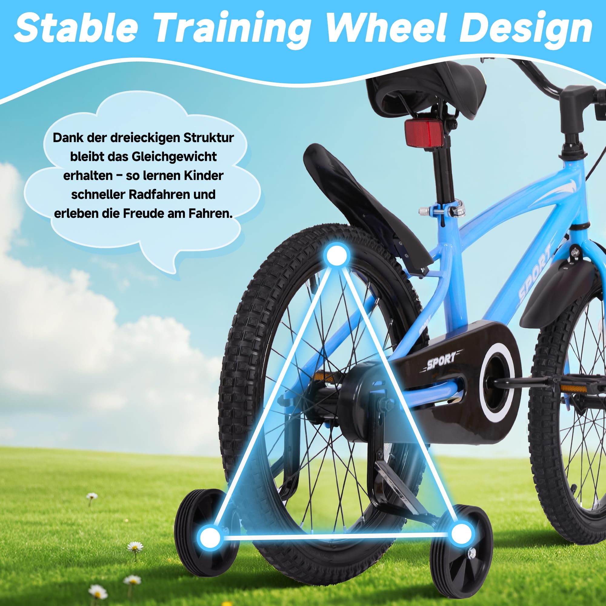 BODIOO Kinderfahrrad 18 Zoll Kinderrad für Jungen und Mädchen mit verstellbarem Sitz, Stützrädern, Handbremse, Rücktrittbremse und stabilem Rahmen für Fahrer von 114-137 cm (Blau)