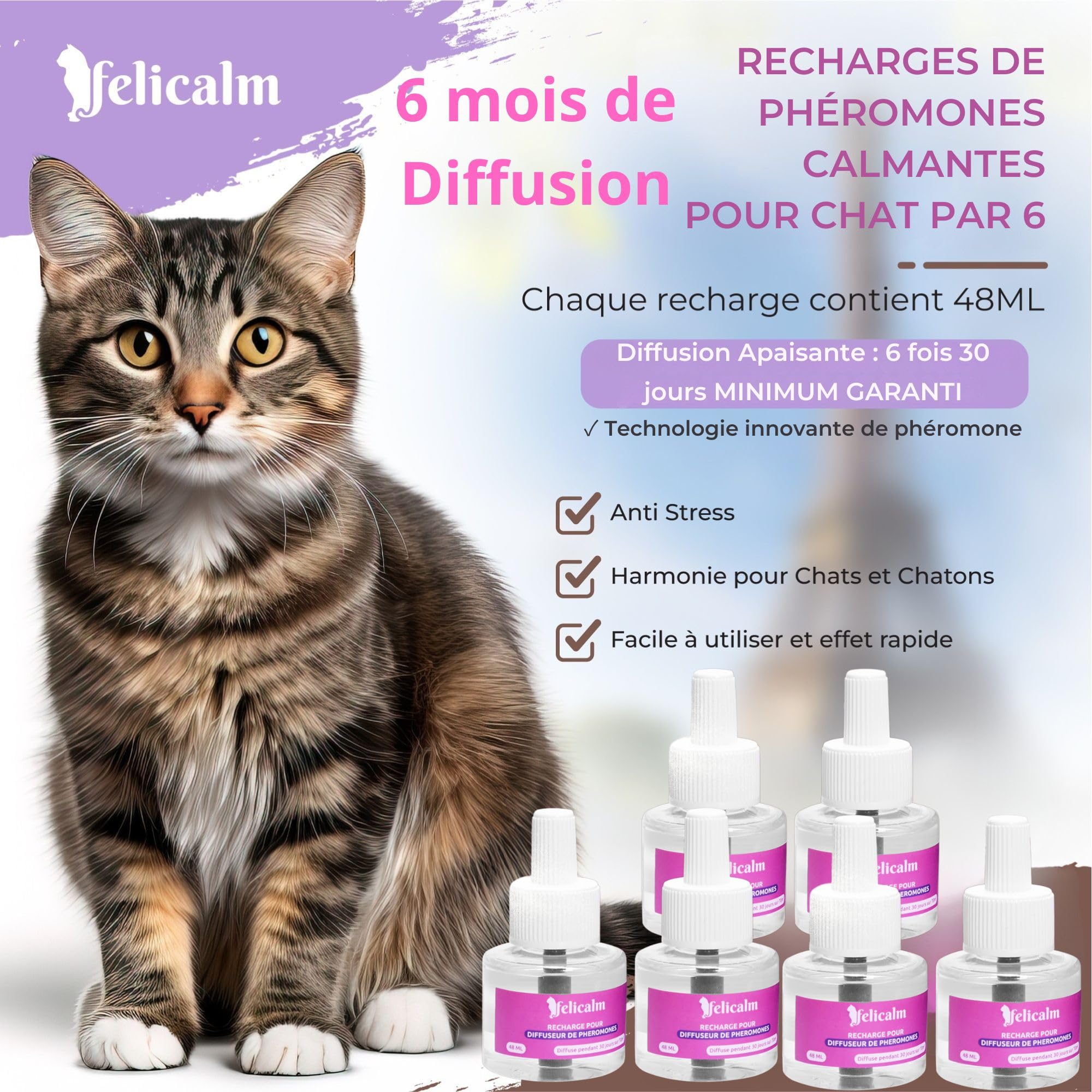 Paris -Nouvelle Formule de PHEROMONE pour Chat et Chaton -6 Recharges de 48 ML- Anti Stress pour Chat- CALMANT- Bonheur et Harmonie