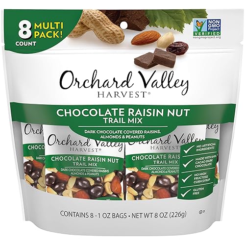 ORCHARD VALLEY HARVEST Mezcla de frutos secos y pasas de chocolate, 1 oz (paquete de 8), sin OMG, sin ingredientes artificiales