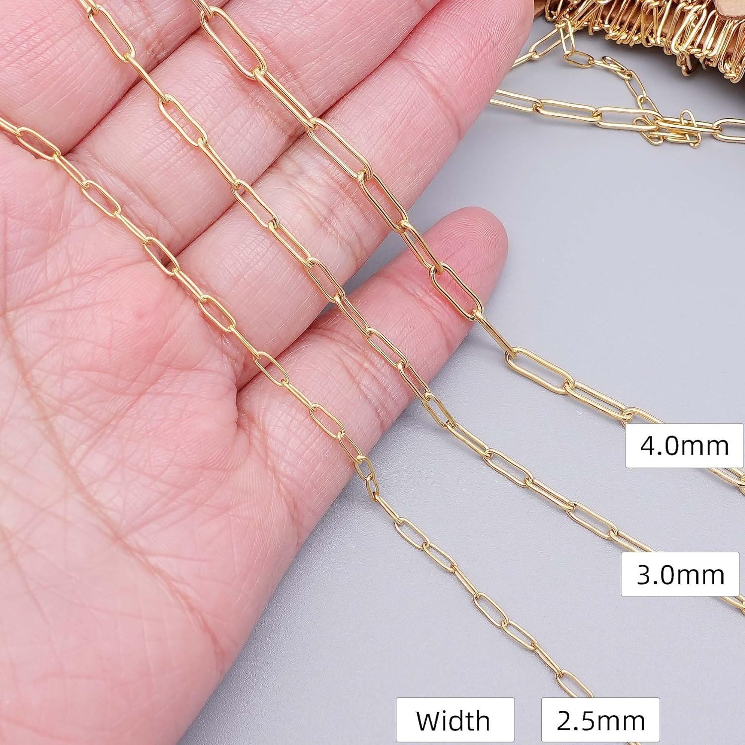 THREENEST 49-Feet Mix Size Width 2.5mm 3mm 4mm Stainless Steel Paperclip Chains, 18K Real Gold Plated, Soldered Cable Long Craft Chain for Necklace Bracelet Earring Jewelry Making (Mix 3 Size-15M)