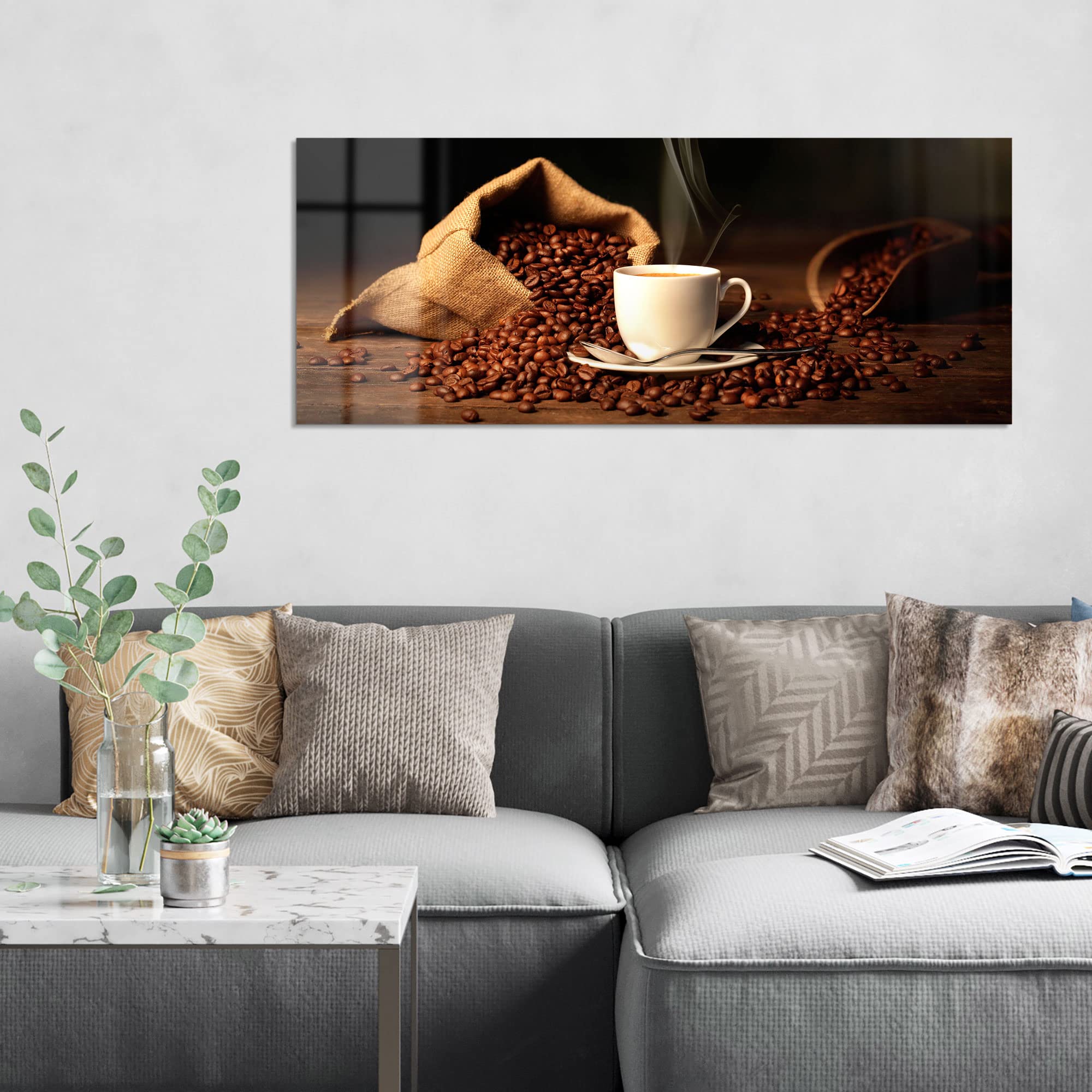 DEQORI Obraz na szkle z prawdziwego szkła | motyw filiżanki do kawy z ziarnami | poziomo jednoczęściowy 125 x 50 cm | piękna dekoracja | obraz ścienny do salonu, sypialni, korytarza i kuchni | nowoczesna dekoracja ścienna