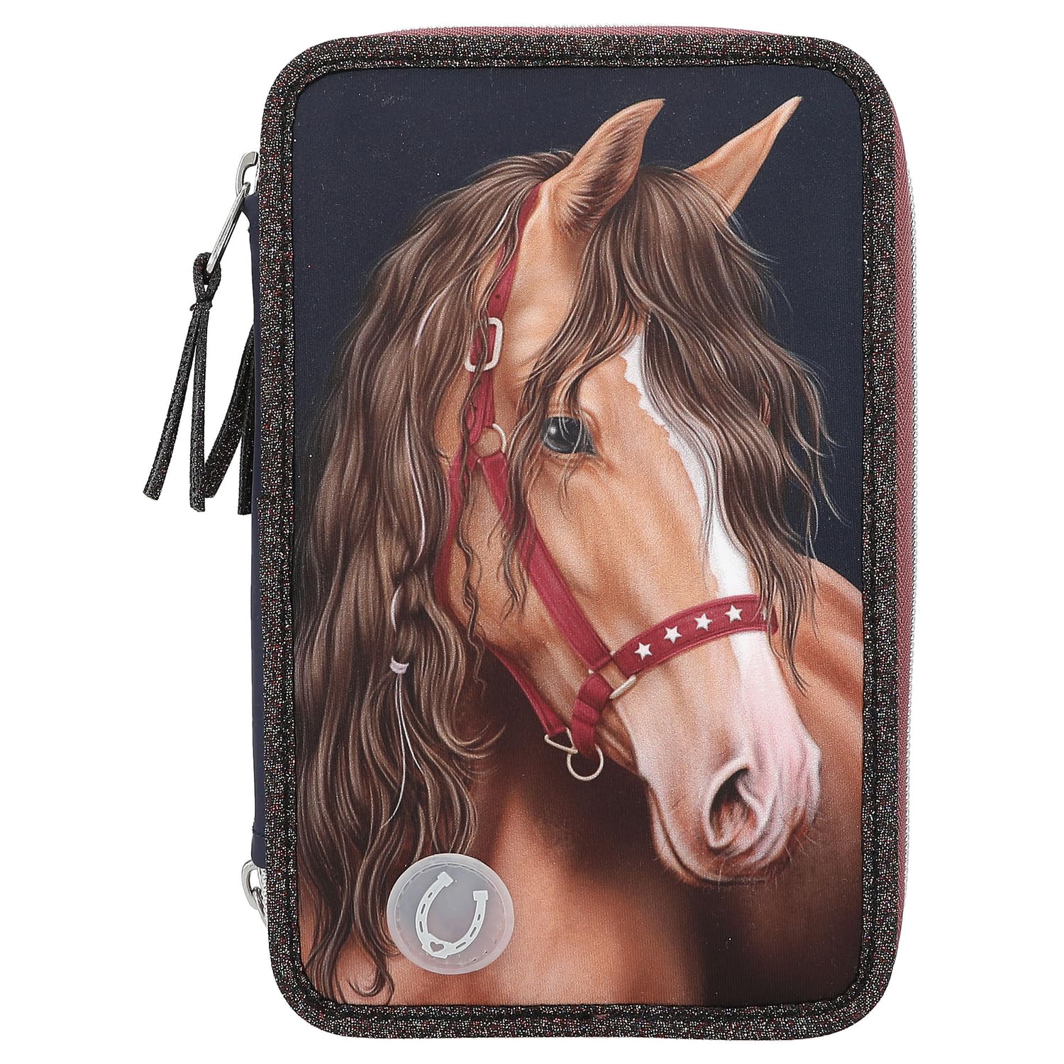 Depesche 13190 Miss Melody Glitter Horse - Astuccio a 3 Scomparti in Blu Scuro, Motivo Cavalli, Glitter e luci a LED, Astuccio con matite Colorate, Righello, Forbici UVM, Multicolore