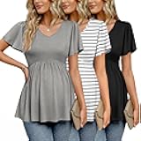 Ekouaer Maternity Shirts 3 Packs Flying Short Sleeve Maternity Tops V Neck T-Shirt Pregnancy Clothes S-XXL