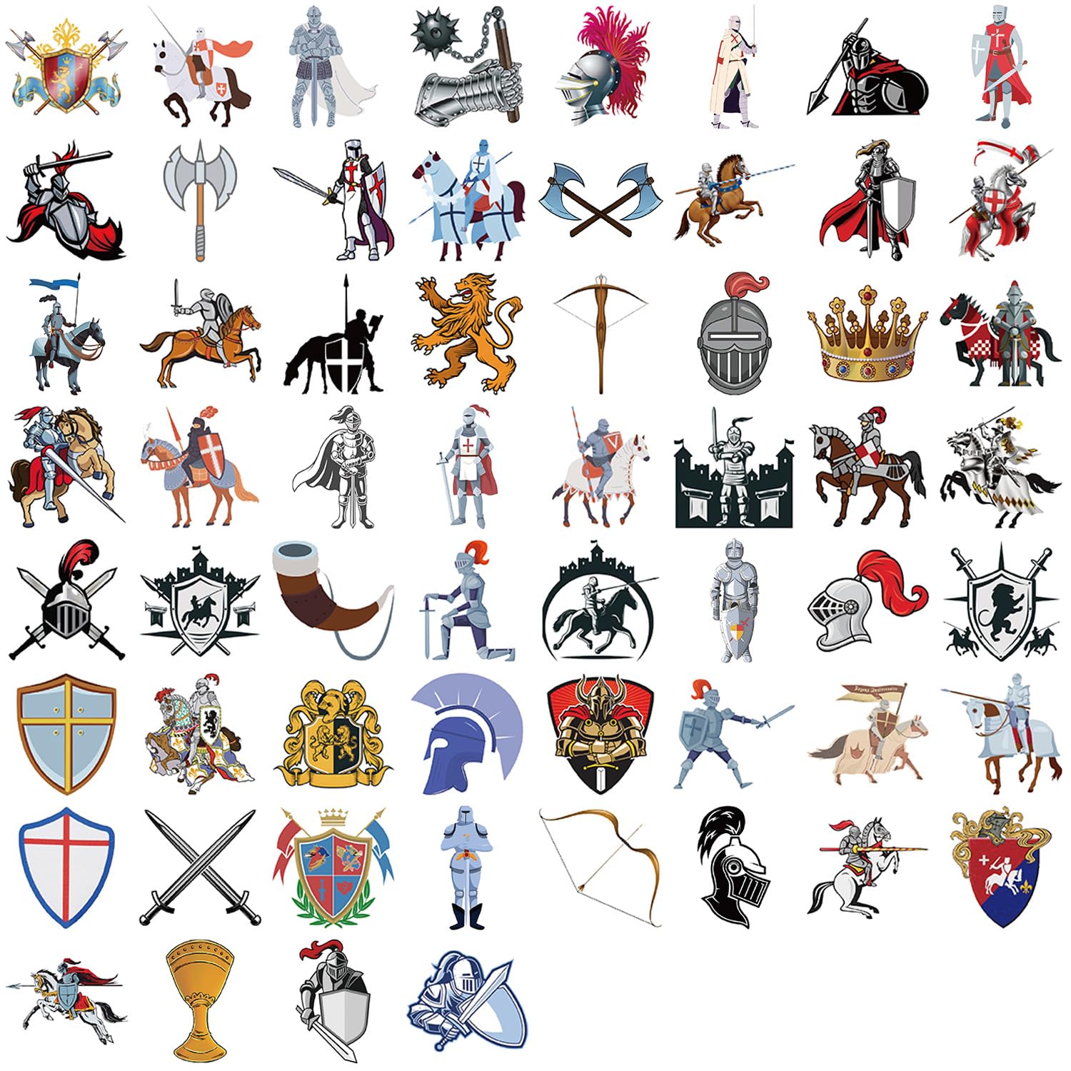 LYLSDSB Adesivi a forma di cavaliere medievale, 50 pezzi, in vinile, divertenti cartoni animati, adesivi per bottiglie d'acqua, laptop, skateboard, scrapbook, bicicletta, bagagli, graziosi adesivi