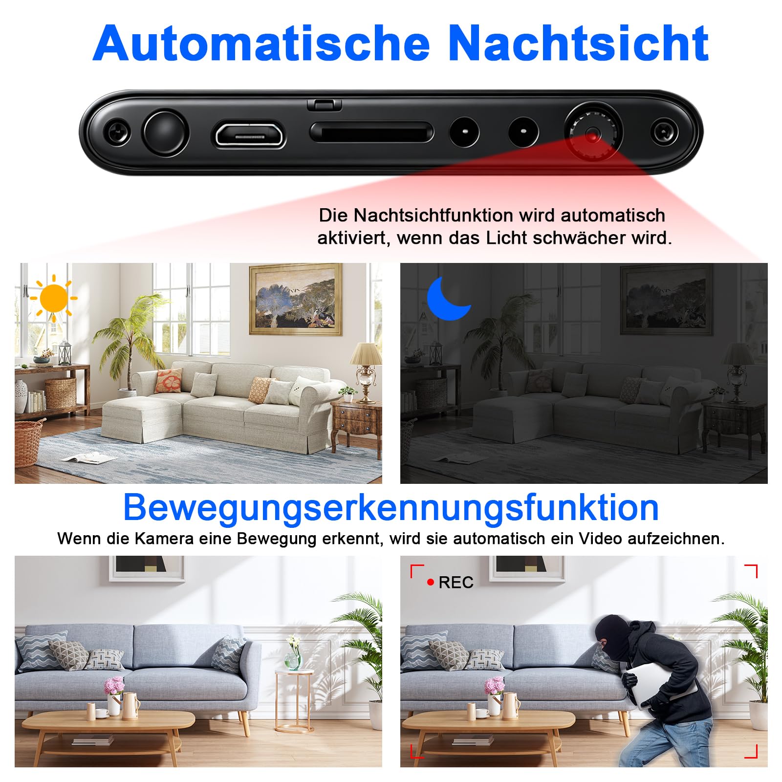Mini HD 1080P Kamera,Powerbank Kleine Kamera 5000mAh mit Akku 3-in-1-Kabel,Videokamera mit Schwerkraftsensor ＆ Nachtsicht für Innen, Außen