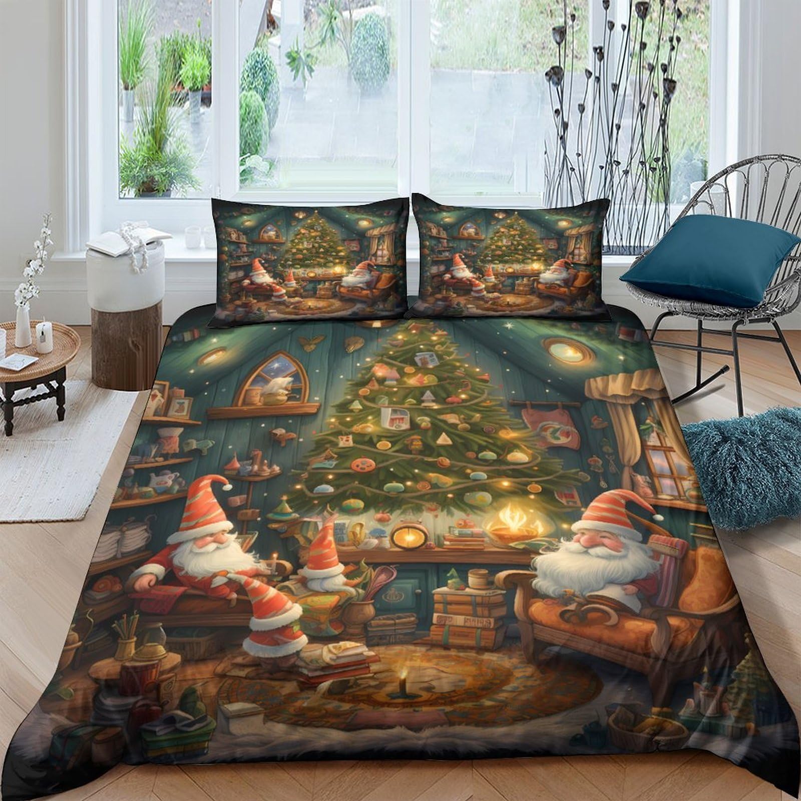 Ctjqhvkz Style-8 3D Printed Christmas Gnome Fitted Sheet Microfiber Winter Tree Bed Cover Anti-Slip Machine Washable Decorative Single（135X200cm）