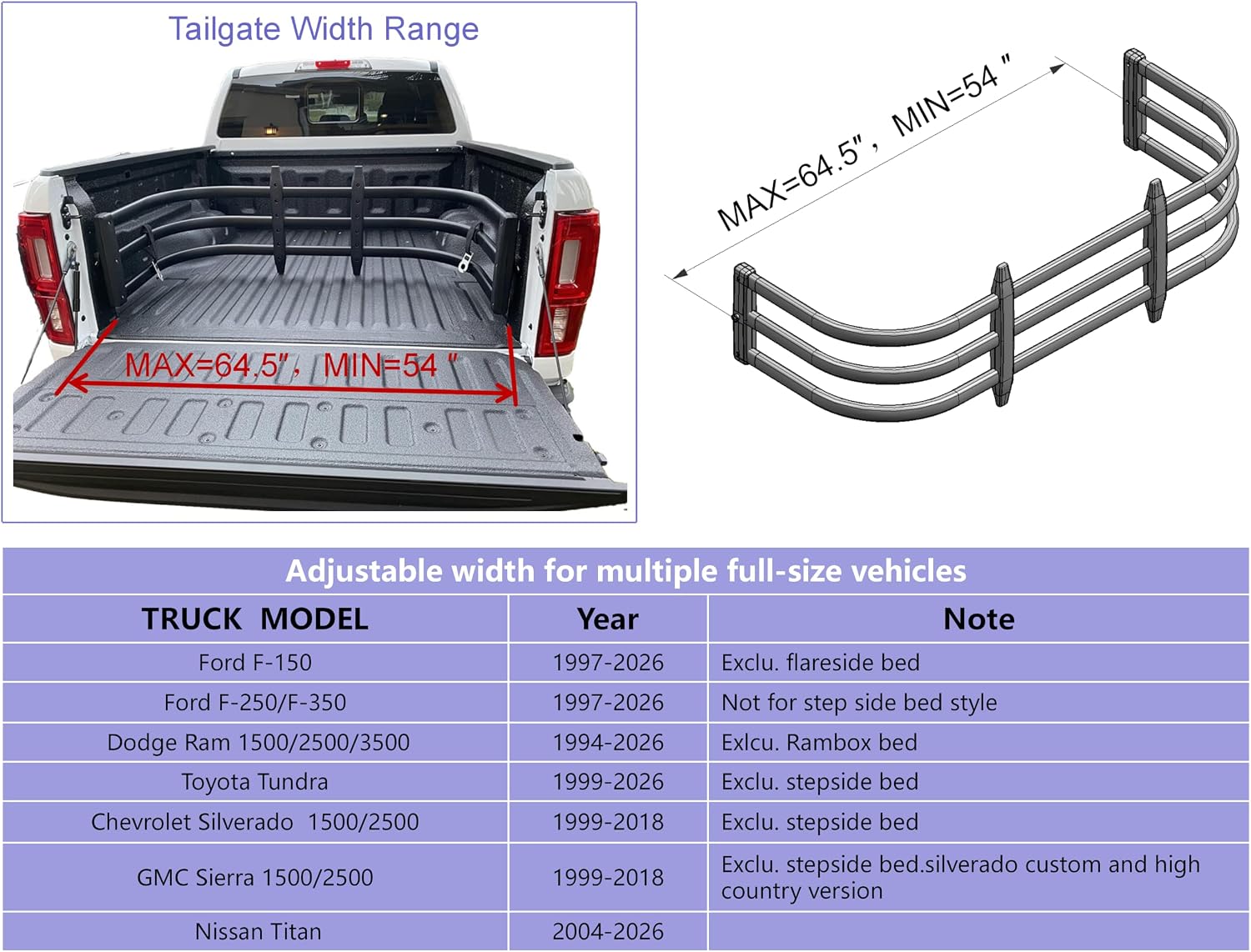 Truck Bed Extender for F-150 250 350, Silverado Sierra Ram 1500 2500HD, Tundra, Titan XD Pickup Trucks, 24 Bed Extension