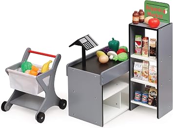 Badger Basket Charming Fresh Market Grocery Playset for 1820 Inch Dolls Includes Rolling Shopping Cart, 27 Food Accessories, and Checkout Station