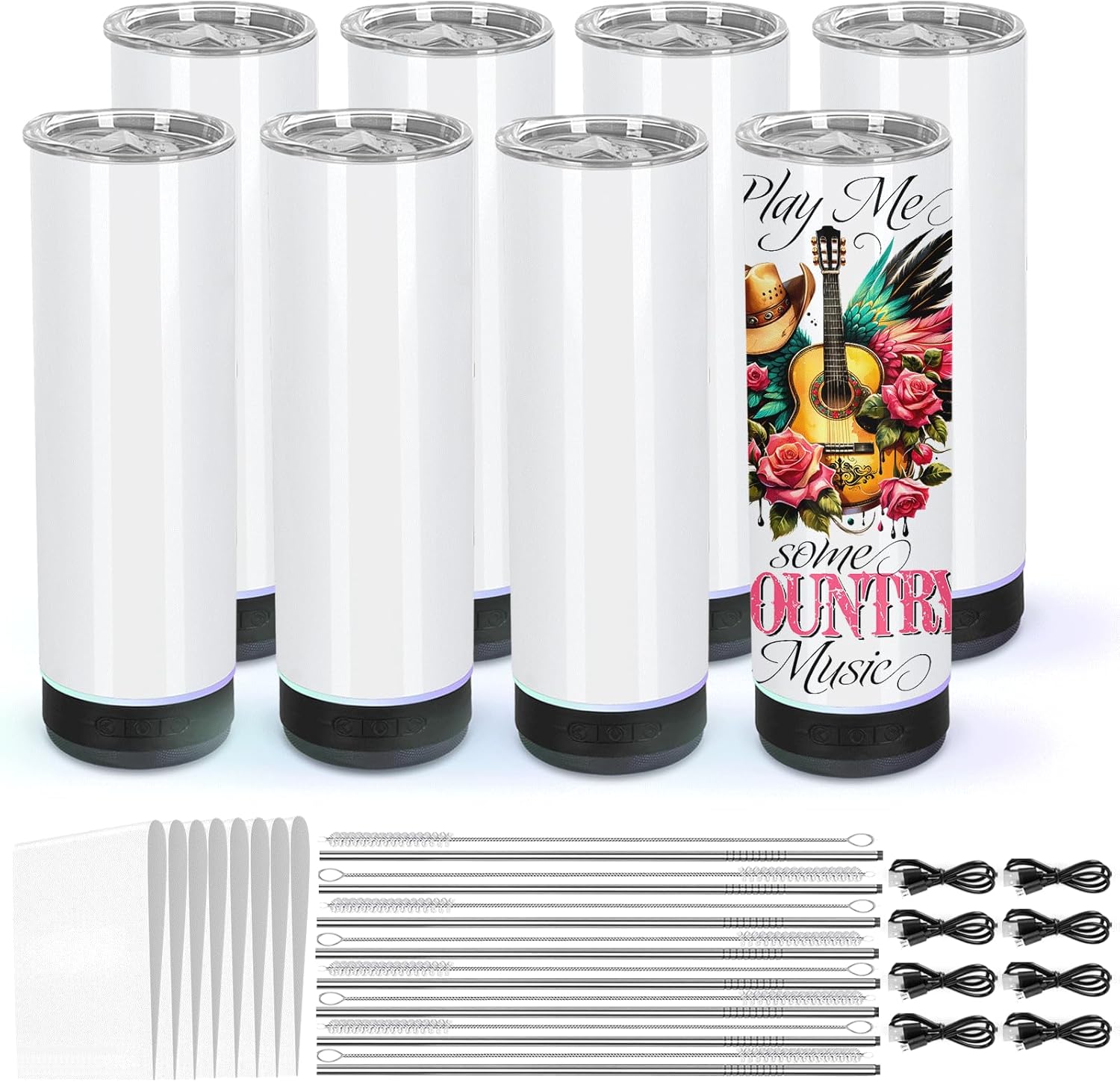 8 Pack 20Oz Music Speaker Tumbler, Sublimation Tumbler Blanks Skinny Straight, Double Wall Insulated Music Coffee Mug with Detachable LED Light, Speaker Cup(Black)